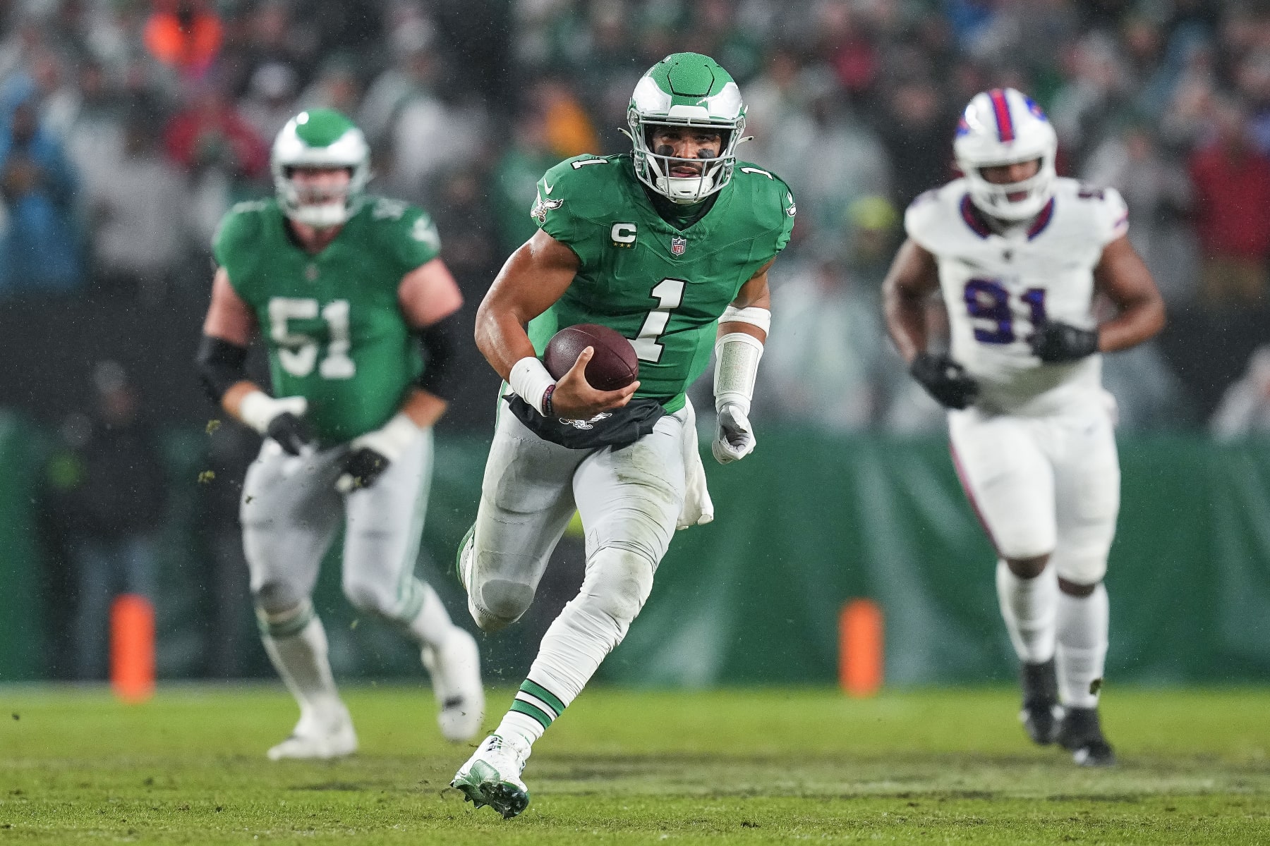 PHILADELPHIA, PENNSYLVANIA - NOVEMBER 26: Jalen Hurts #1 of the Philadelphia Eagles runs the ball during the first quarter against the Buffalo Bills at Lincoln Financial Field on November 26, 2023 in Philadelphia, Pennsylvania. (Photo by Mitchell Leff/Getty Images)