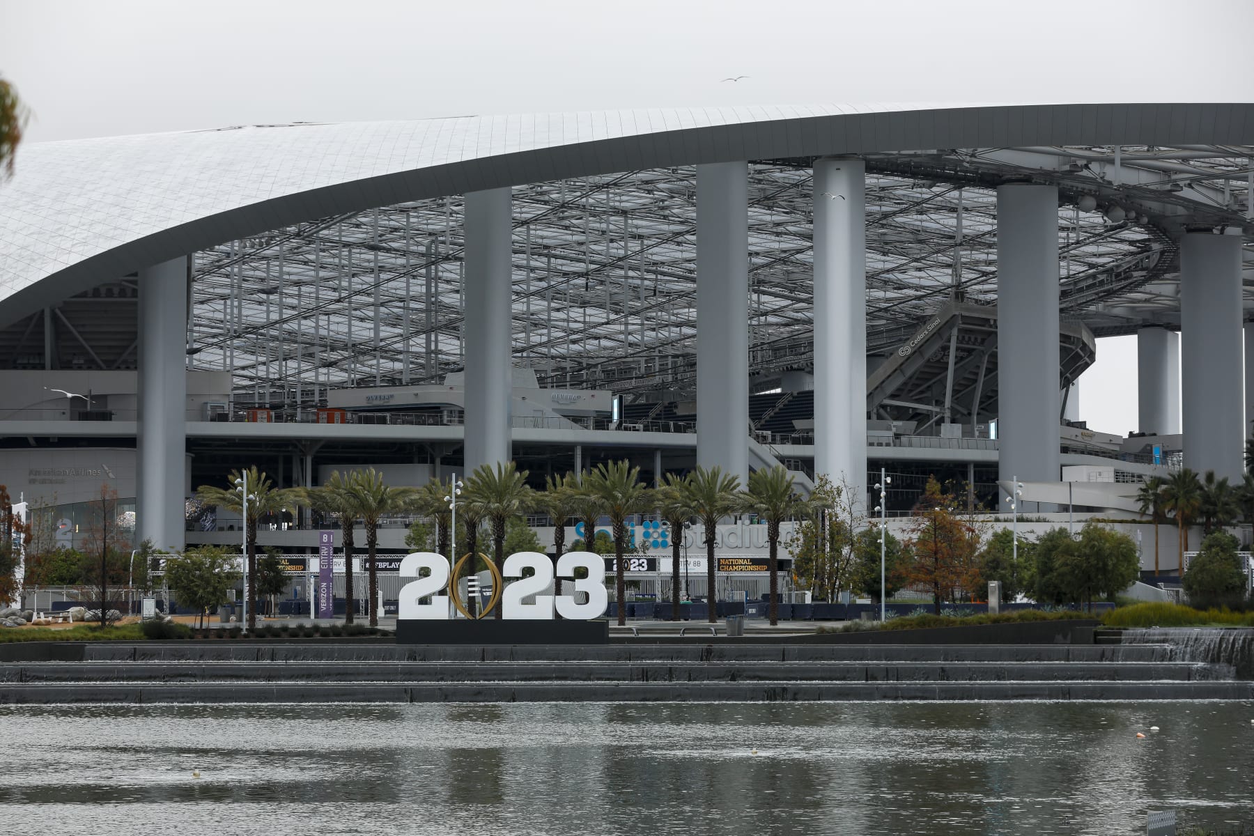 INGLEWOOD, CA - JANUARY 04: The College Football Playoff National Championship event logo is displayed during the week leading up to CFP National Championship game between the TCU Horned Frogs and the Georgia Bulldogs on January 04, 2023, at SoFi Stadium in Inglewood, CA. (Photo by Brandon Sloter/Icon Sportswire via Getty Images)