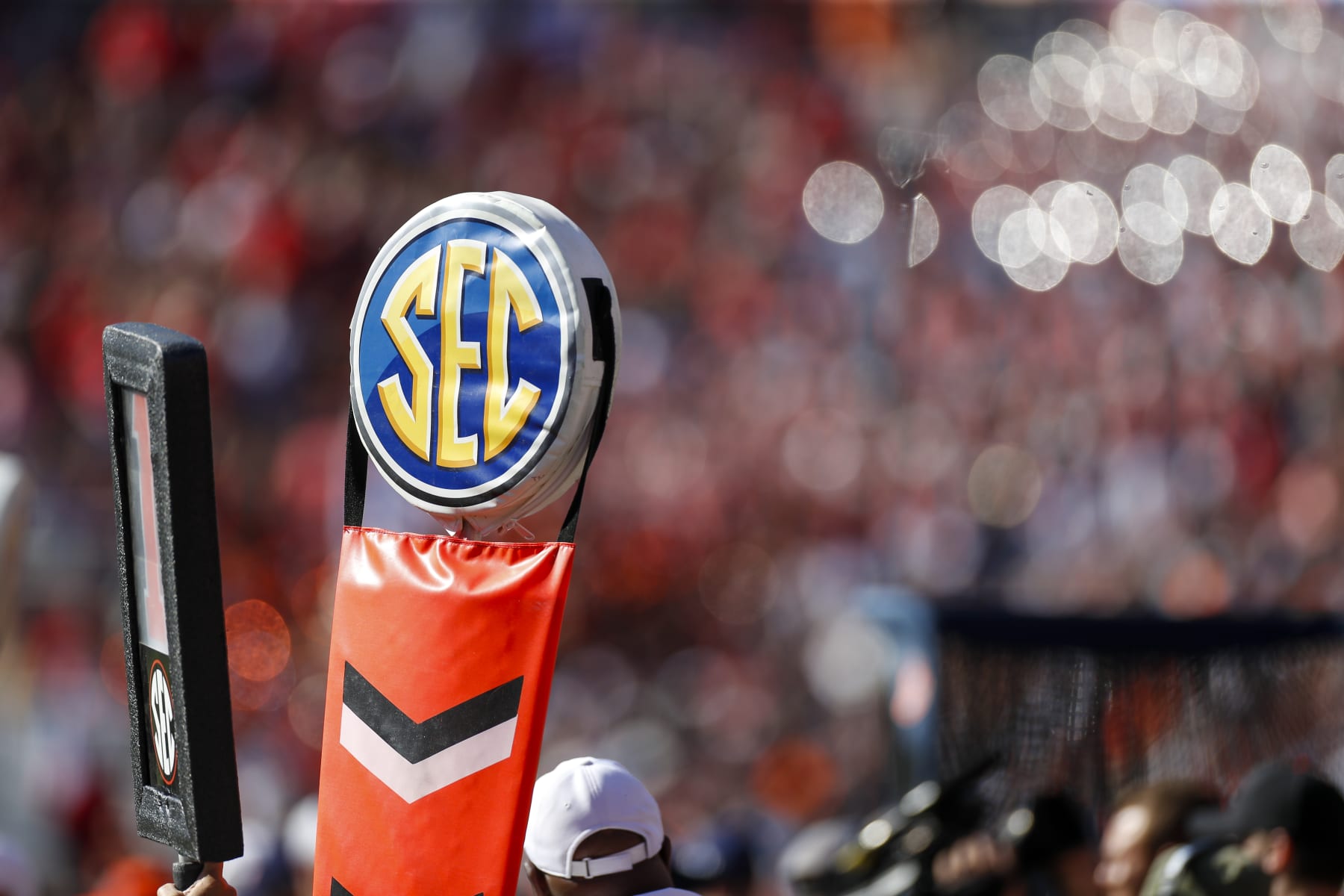 ATHENS, GA - OCTOBER 08: A view of the SEC logo on yard markers during a college football game between the Auburn Tigers and the Georgia Bulldogs on October 8, 2022 at Sanford Stadium in Athens, GA. (Photo by Brandon Sloter/Icon Sportswire via Getty Images)