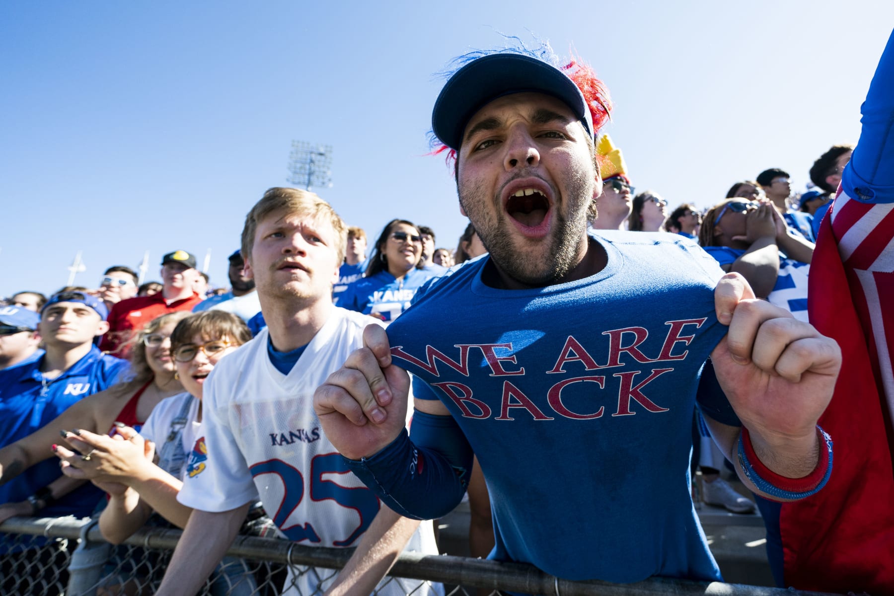 LAWRENCE, KS - SEPTEMBER 24: Kansas Jayhawks fans cheer during the first half against the Duke Blue Devils at David Booth Kansas Memorial Stadium on September 24, 2022 in Lawrence, Kansas. (Photo by Jay Biggerstaff/Getty Images)