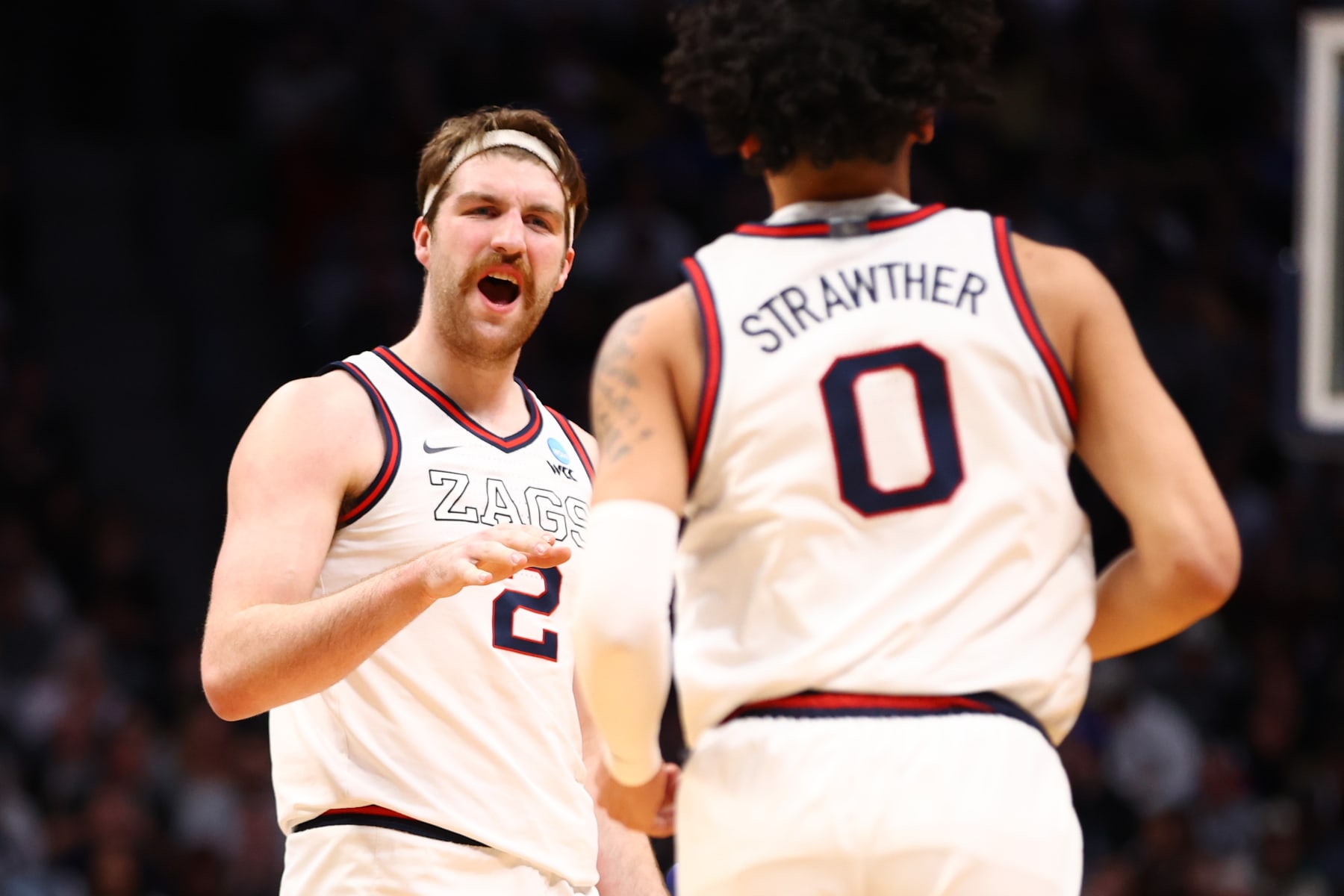 DENVER, CO - MARCH 19: Drew Timme #2 of the Gonzaga Bulldogs reacts to a play against the TCU Horned Frogs during the first half of the second round of the 2023 NCAA Men's Basketball Tournament held at Ball Arena on March 19, 2023 in Denver, Colorado. (Photo by Jamie Schwaberow/NCAA Photos via Getty Images)