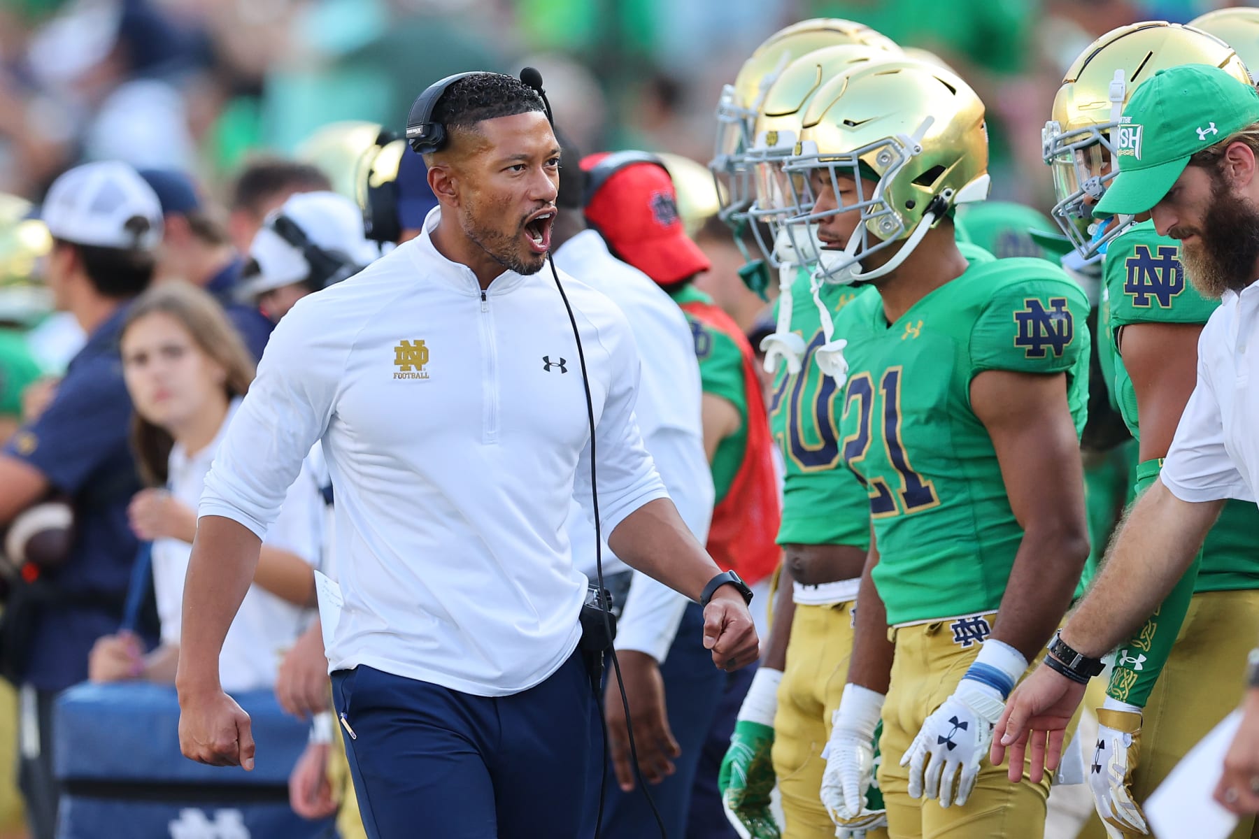 SOUTH BEND, INDIANA - SEPTEMBER 17: Head coach Marcus Freeman of the Notre Dame Fighting Irish reacts against the California Golden Bears during the second half at Notre Dame Stadium on September 17, 2022 in South Bend, Indiana. (Photo by Michael Reaves/Getty Images)