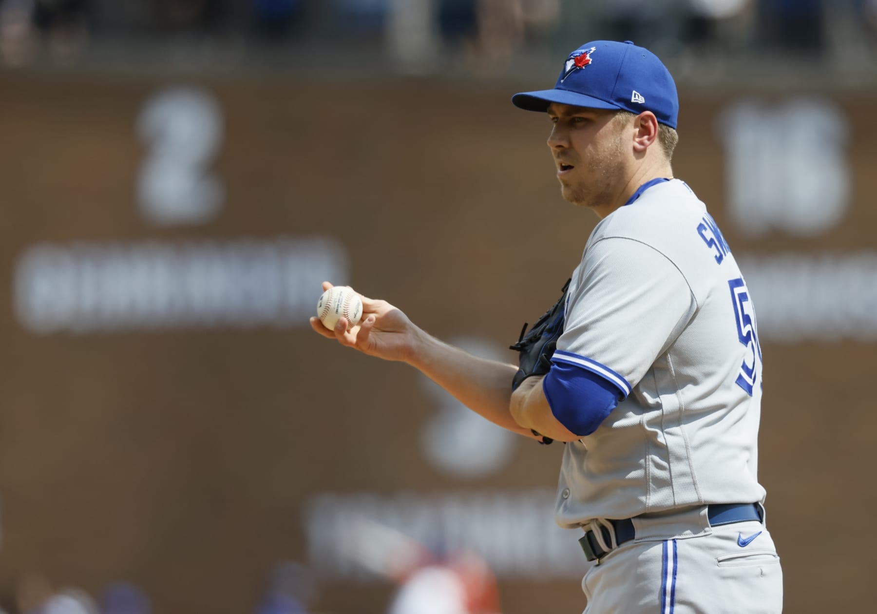 DETROIT, MI -  JULY 9:  Pitcher Erik Swanson #50 of the Toronto Blue Jays during the fifth inning of a game against the Detroit Tigers at Comerica Park on July 9, 2023 in Detroit, Michigan. (Photo by Duane Burleson/Getty Images)
