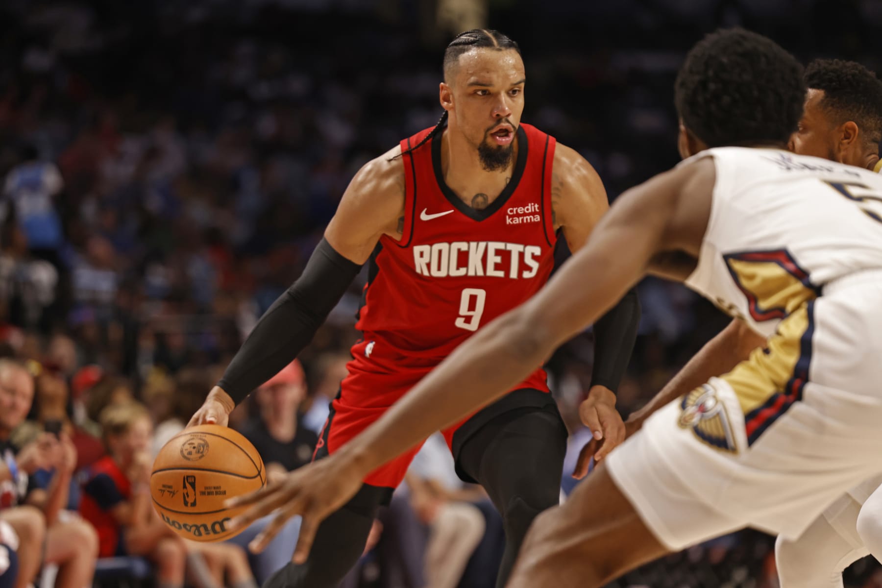BIRMINGHAM, AL - OCTOBER 12: Dillon Brooks #9 of the Houston Rockets dribbles the ball during the game against the New Orleans Pelicans at Legacy Arena at the BJCC in Birmingham, Alabama on October 12, 2023. NOTE TO USER: User expressly acknowledges and agrees that, by downloading and or using this photograph, user is consenting to the terms and conditions of Getty Images License Agreement. Mandatory Copyright Notice: Copyright 2023 NBAE (Photo by Mercedes Oliver/NBAE via Getty Images)