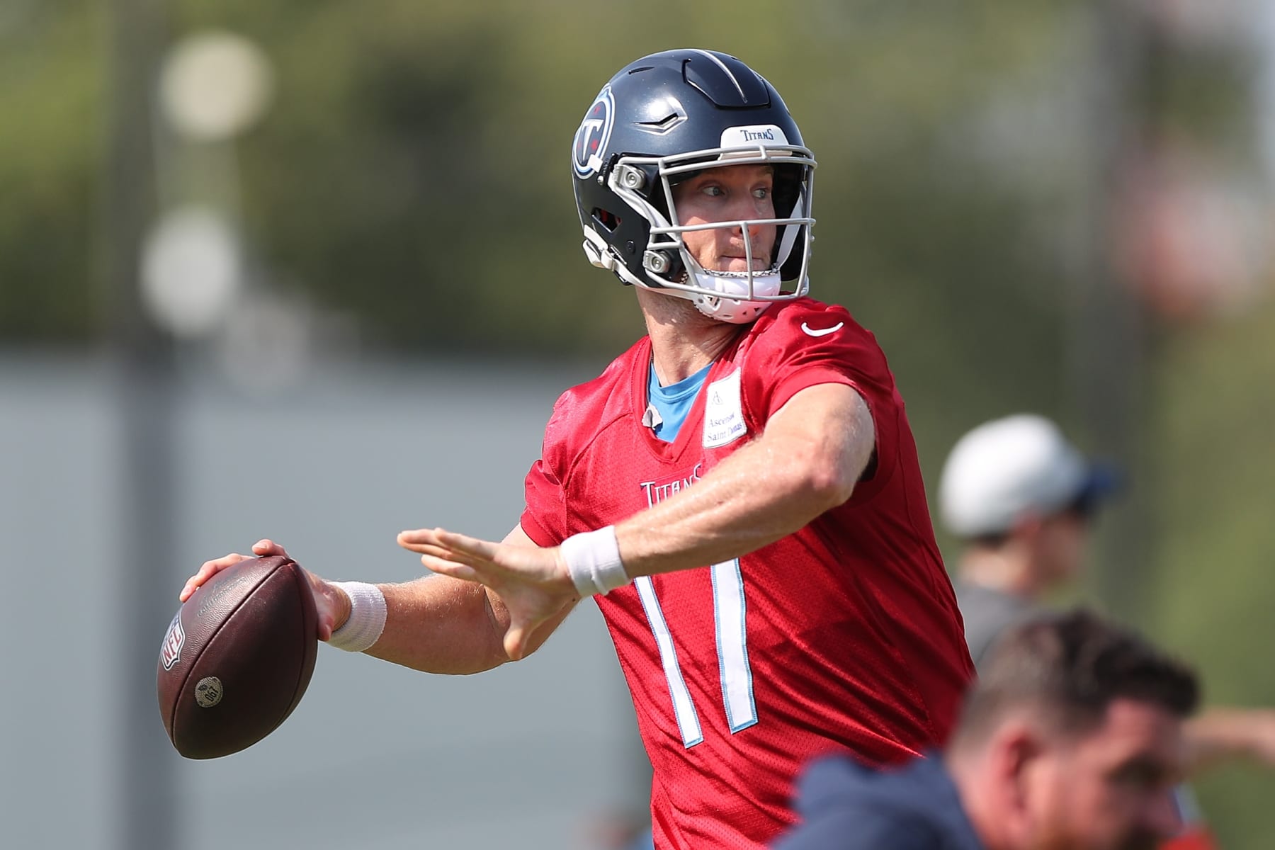 NASHVILLE, TENNESSEE - JULY 29: Ryan Tannehill #17 of the Tennessee Titans throws a pass during training camp at Ascension Saint Thomas Sports Park on July 29, 2023 in Nashville, Tennessee. (Photo by Justin Ford/Getty Images)