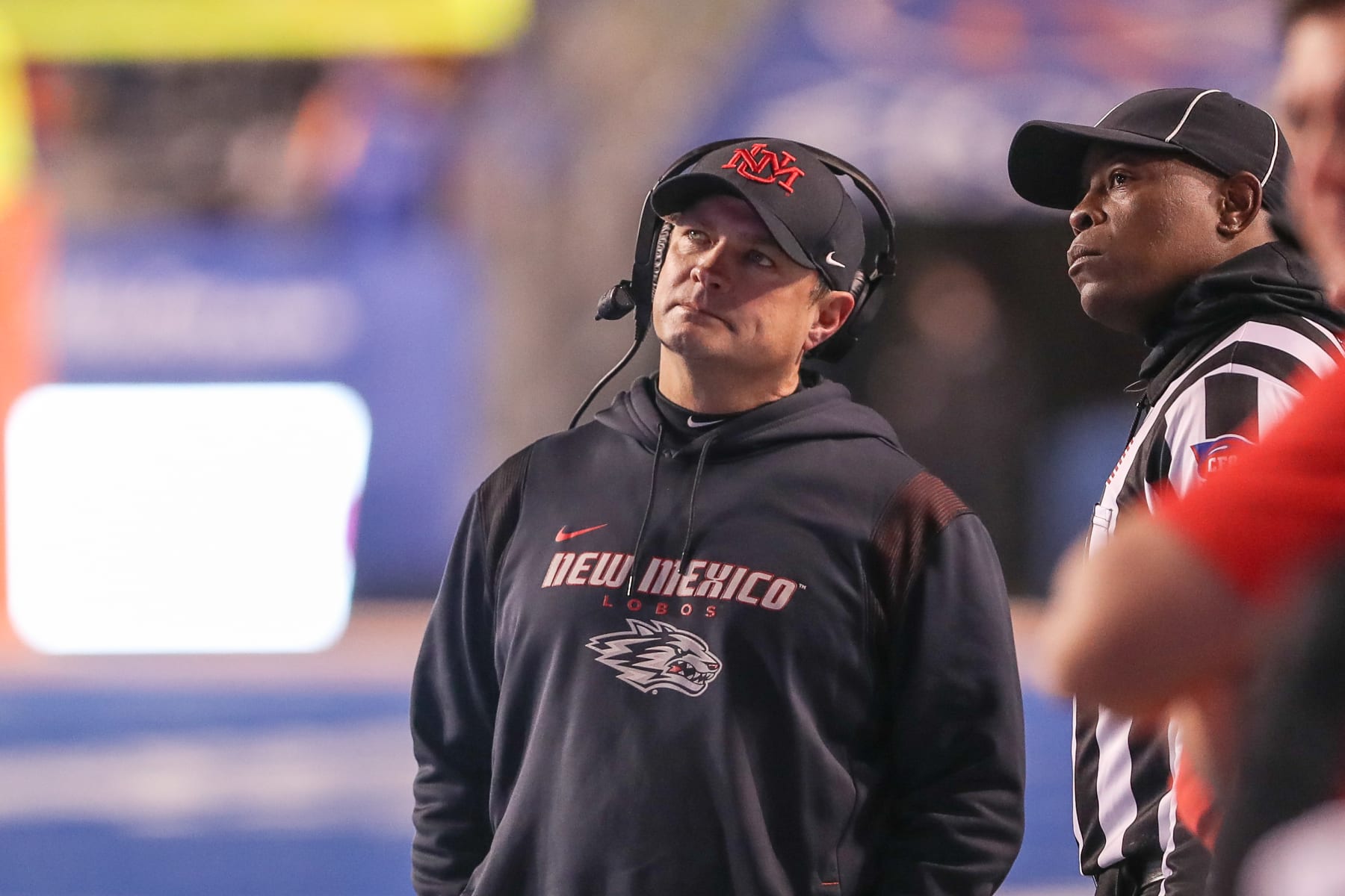 BOISE, ID - NOVEMBER 20: Head Coach Danny Gonzales of the New Mexico Lobos awaits the results of a video review during second half action against the Boise State Broncos on November 20, 2021 at Albertsons Stadium in Boise, Idaho. Boise State won the game 37-0. (Photo by Loren Orr/Getty Images)