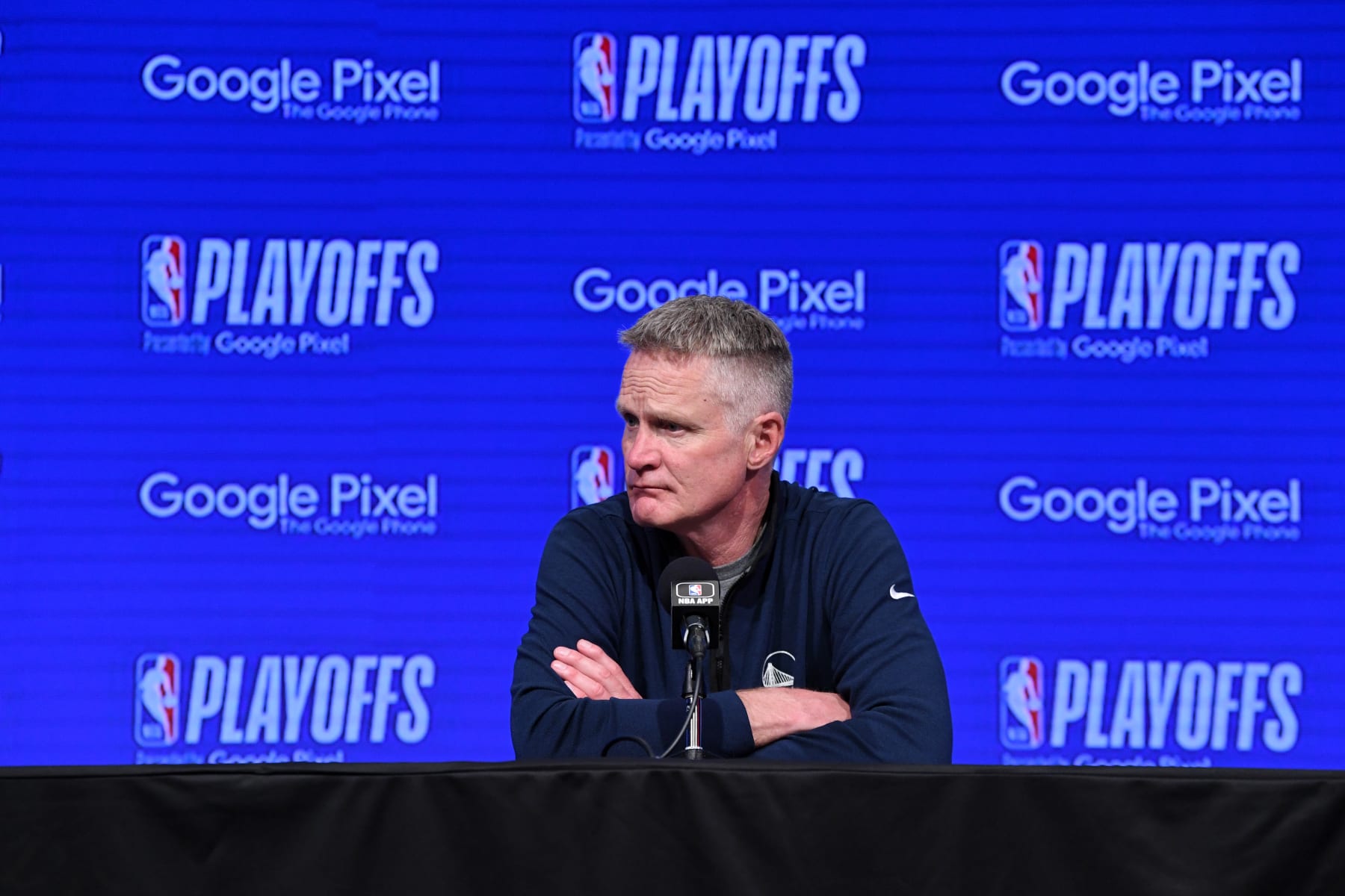 SAN FRANCISCO, CA - MAY 4: Head Coach Steve Kerr of the Golden State Warriors talks to the press after the game against the Los Angeles Lakers during Game 2 of the 2023 NBA Playoffs Western Conference Semifinals on May 4, 2023 at Chase Center in San Francisco, California. NOTE TO USER: User expressly acknowledges and agrees that, by downloading and or using this photograph, user is consenting to the terms and conditions of Getty Images License Agreement. Mandatory Copyright Notice: Copyright 2023 NBAE (Photo by Noah Graham/NBAE via Getty Images)