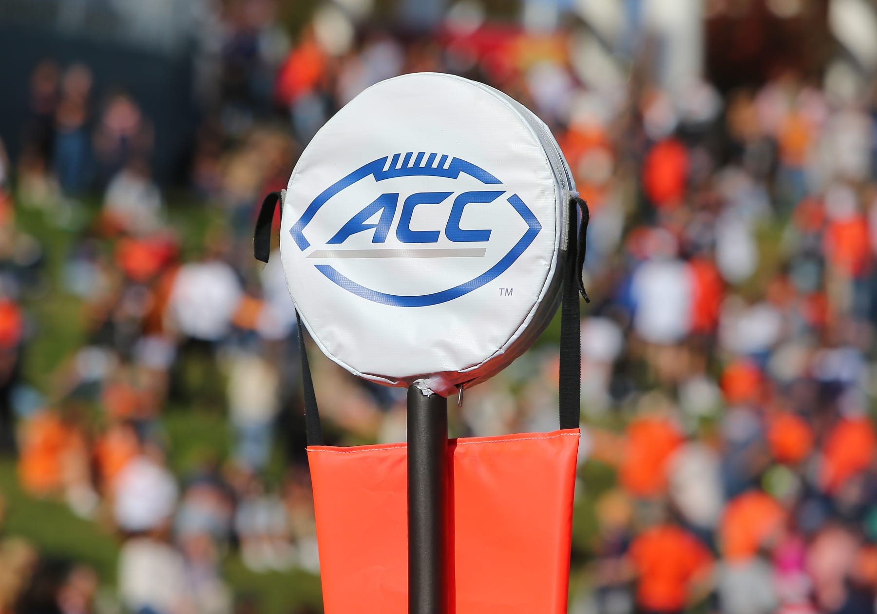 CHARLOTTESVILLE, VA - OCTOBER 29: ACC logo on the sidelines during a college football game between the Miami Hurricanes and the Virginia Cavaliers on October 29, 2022, at Scott Stadium in Charlottesville, VA. (Photo by Lee Coleman/Icon Sportswire via Getty Images)