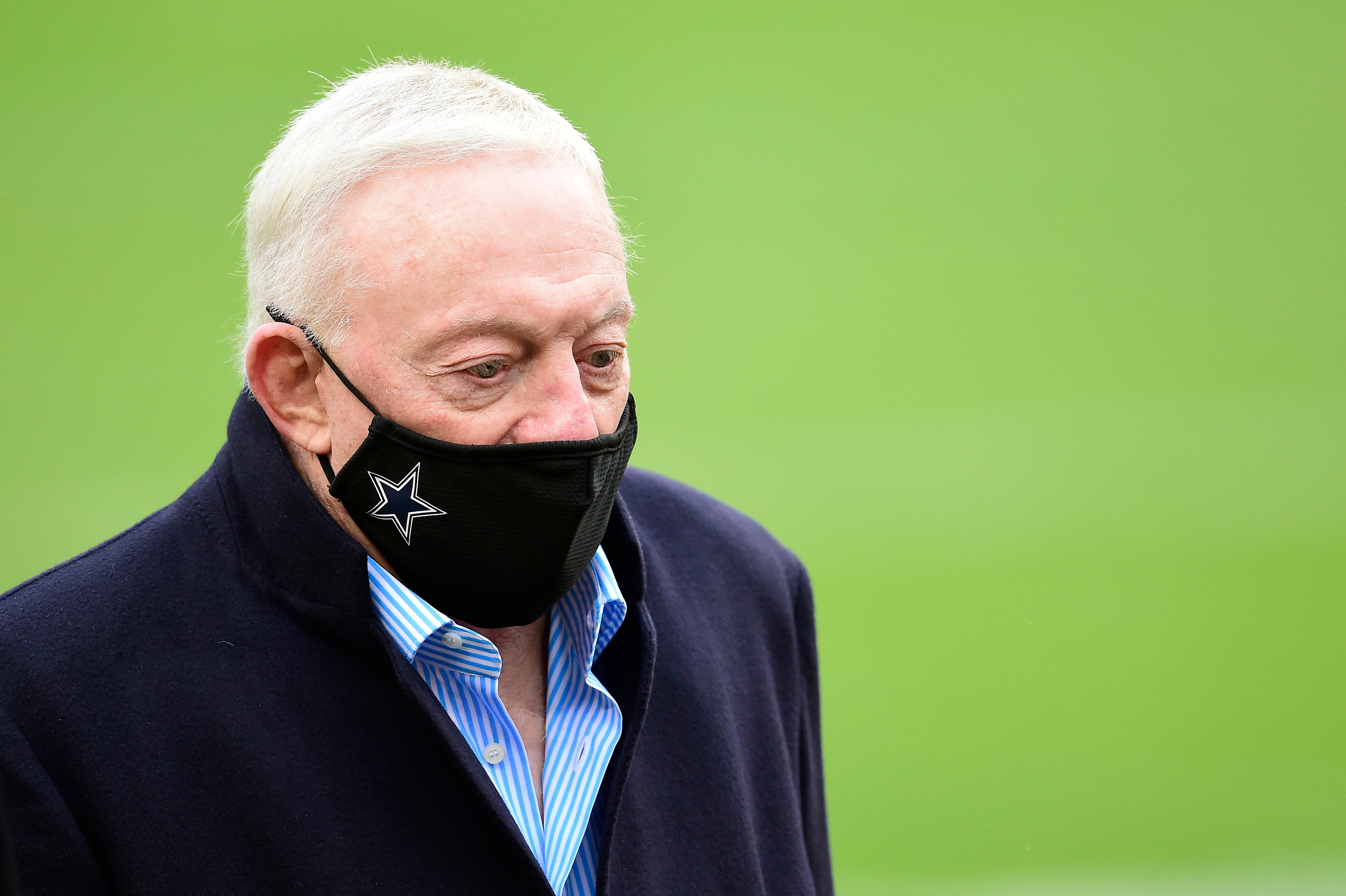 LANDOVER, MARYLAND - OCTOBER 25: Jerry Jones, owner of the Dallas Cowboys, looks on before the game against the Washington Football Team at FedExField on October 25, 2020 in Landover, Maryland. (Photo by Patrick McDermott/Getty Images)
