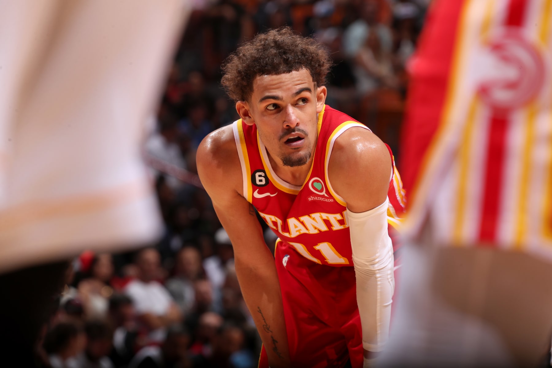 MIAMI, FL - MARCH 6:  Trae Young #11 of the Atlanta Hawks looks on during the game against the Miami Heat on March 6, 2023 at Miami-Dade Arena in Miami, Florida. NOTE TO USER: User expressly acknowledges and agrees that, by downloading and or using this Photograph, user is consenting to the terms and conditions of the Getty Images License Agreement. Mandatory Copyright Notice: Copyright 2023 NBAE (Photo by Issac Baldizon/NBAE via Getty Images)