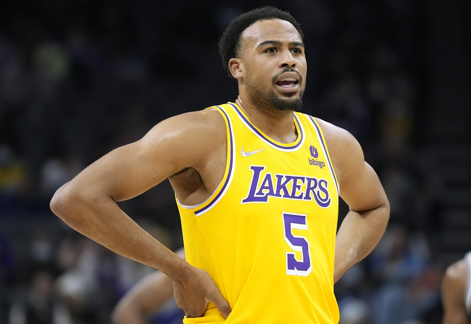 SACRAMENTO, CALIFORNIA - JANUARY 12: Talen Horton-Tucker #5 of the Los Angeles Lakers looks on against the Sacramento Kings during the first quarter at Golden 1 Center on January 12, 2022 in Sacramento, California. NOTE TO USER: User expressly acknowledges and agrees that, by downloading and or using this photograph, User is consenting to the terms and conditions of the Getty Images License Agreement. (Photo by Thearon W. Henderson/Getty Images)