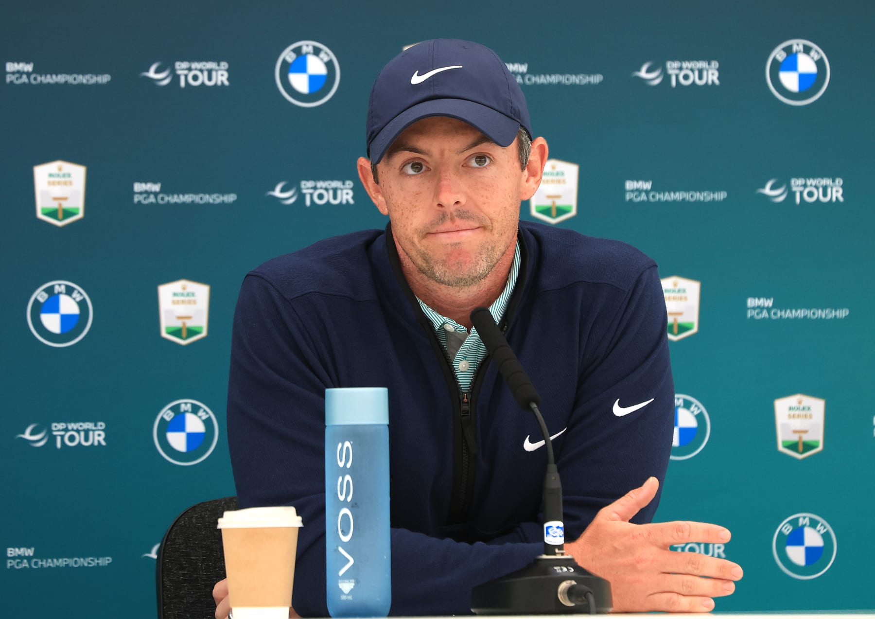 VIRGINIA WATER, ENGLAND - SEPTEMBER 07: Rory McIlroy of Northern Ireland speaks to the media after his round in the pro-am prior to the BMW PGA Championship at Wentworth Golf Club on September 07, 2022 in Virginia Water, England. (Photo by David Cannon/Getty Images)