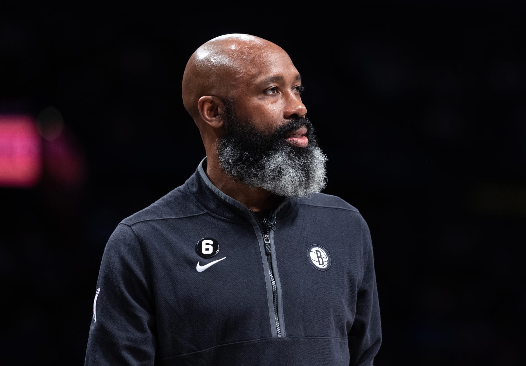 NEW YORK, NEW YORK - JANUARY 28: Head coach Jacque Vaughn of the Brooklyn Nets looks on during the second quarter of the game against the New York Knicks at Barclays Center on January 28, 2023 in New York City. NOTE TO USER: User expressly acknowledges and agrees that, by downloading and or using this photograph, User is consenting to the terms and conditions of the Getty Images License Agreement. (Photo by Dustin Satloff/Getty Images)