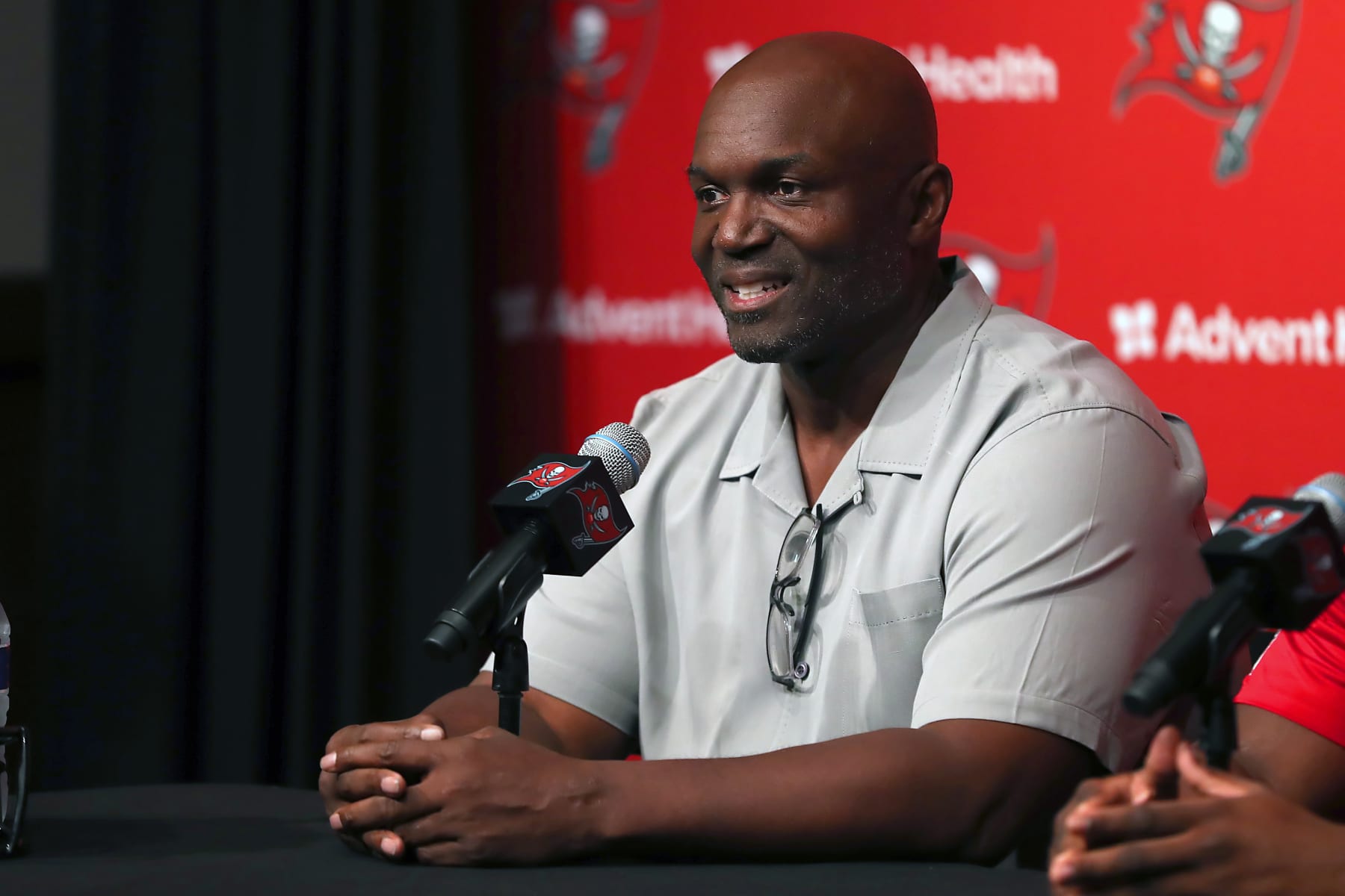 TAMPA, FL - APRIL 29: Tampa Bay Buccaneers Head Coach Todd Bowles addresses the media on April 29, 2023 at AdventHealth Training Center in Tampa,FL. (Photo by Cliff Welch/Icon Sportswire via Getty Images)
