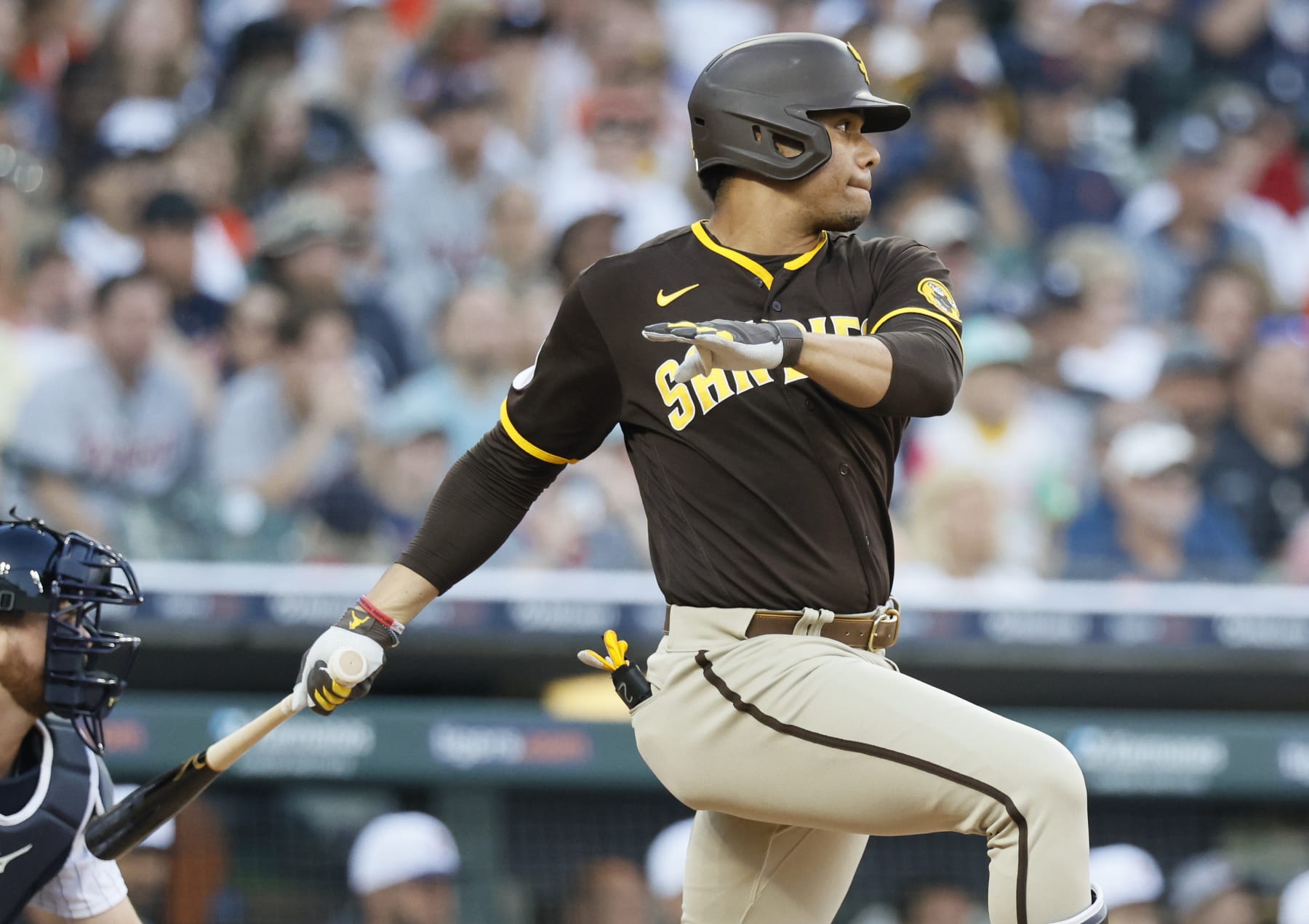 DETROIT, MI -  JULY 22:  Juan Soto #22 of the San Diego Padres hits a double to drive-in Trent Grisham during the third inning against the Detroit Tigers at Comerica Park on July 22, 2023 in Detroit, Michigan. (Photo by Duane Burleson/Getty Images)