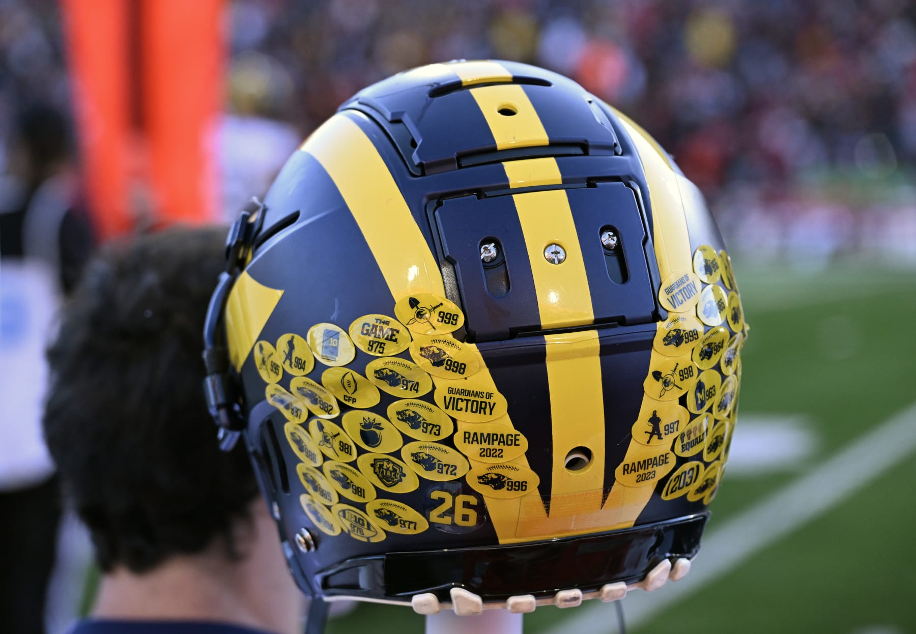 COLLEGE PARK, MD - NOVEMBER 18:   A view of the helmet of Michigan Wolverines defensive lineman Rayshaun Benny (26) during the Michigan Wolverines game versus the Maryland Terrapins on November 18, 2023 at SECU Stadium in College Park, MD. (Photo by Mark Goldman/Icon Sportswire via Getty Images)