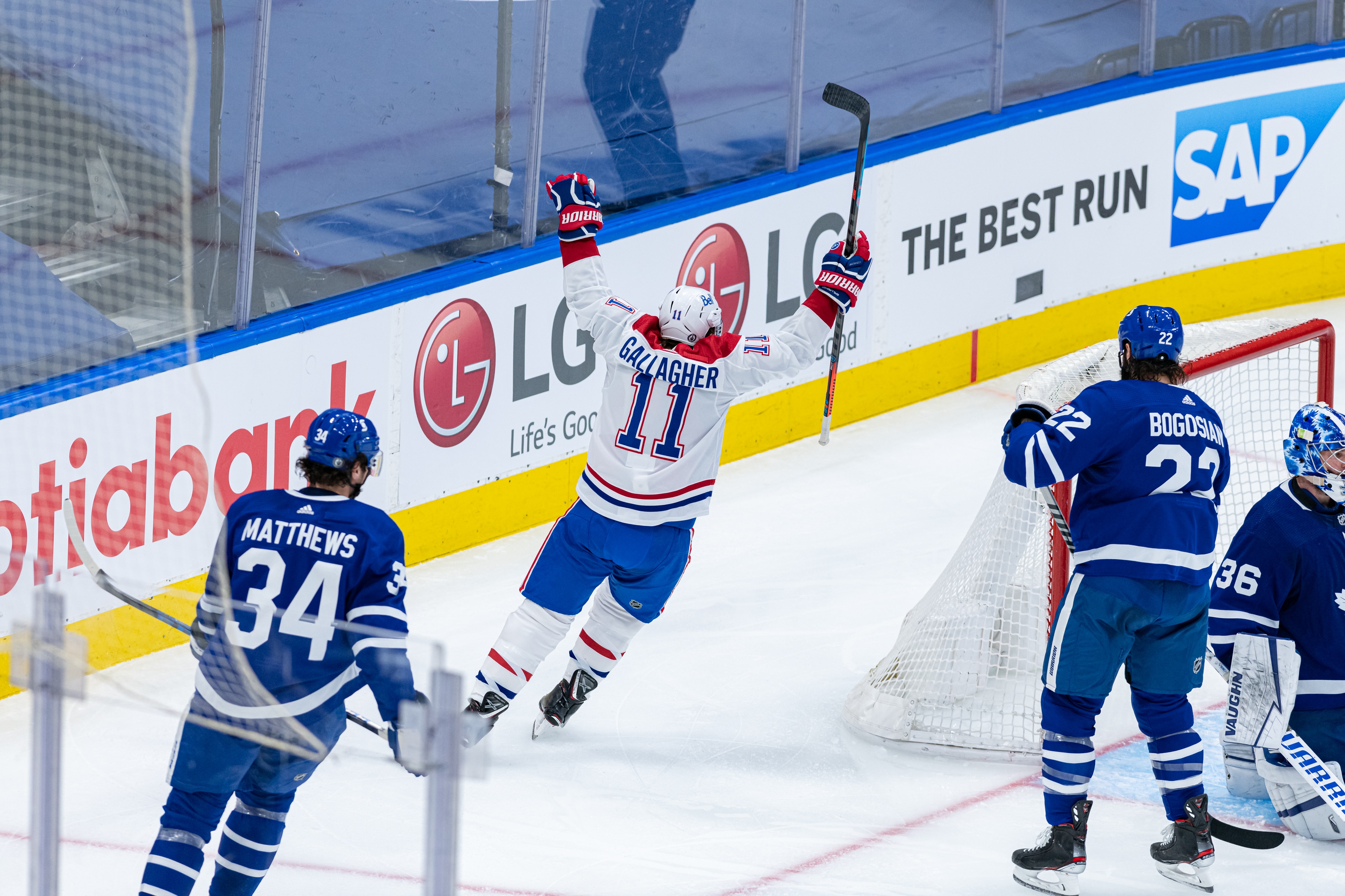 TORONTO, ON - MAY 31: Montreal Canadiens Right Wing Brendan Gallagher (11) celebrates his goal during the second period of NHL Stanley Cup Playoffs First Round Game 7 between the Montreal Canadiens and the Toronto Maple Leafs on May 31, 2021\, at Scotiabank Arena in Toronto, ON, Canada. (Photo by Julian Avram/Icon Sportswire via Getty Images)