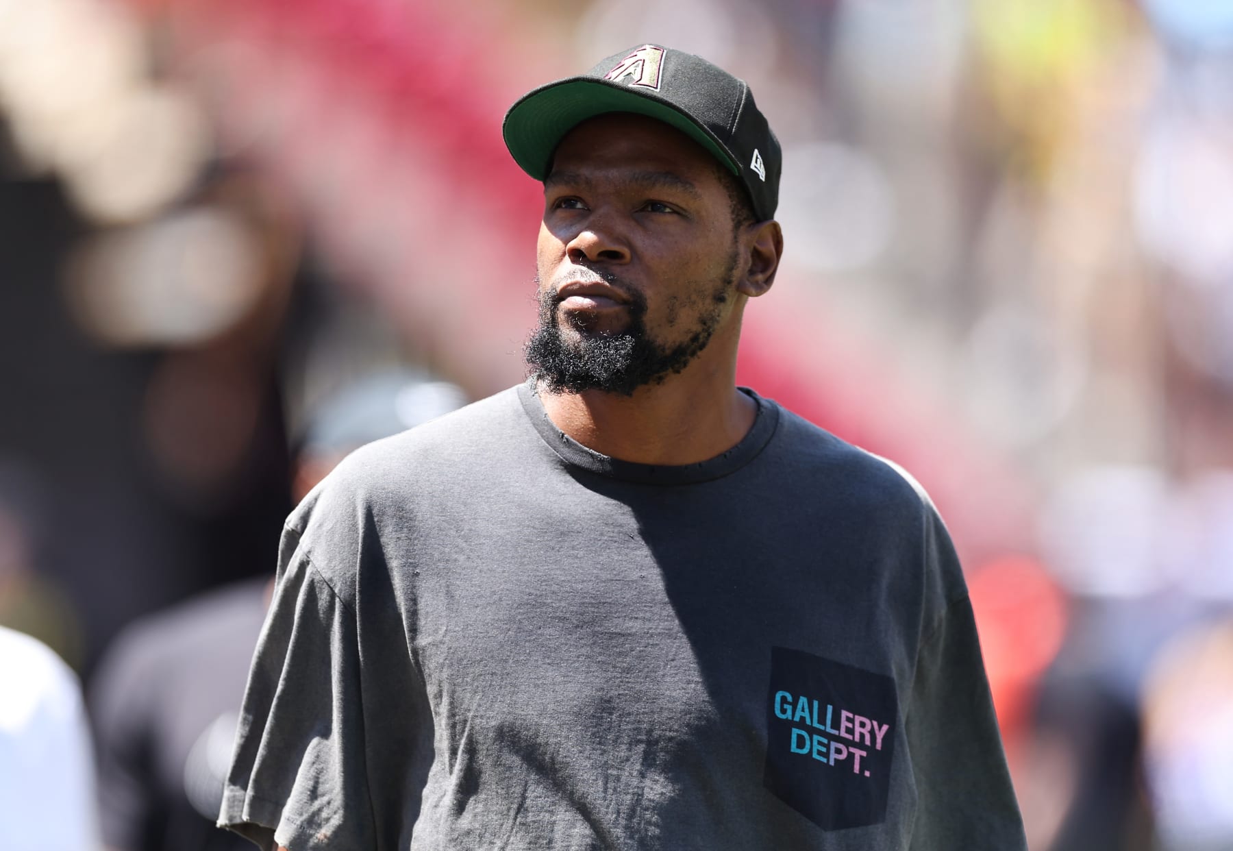 LANDOVER, MARYLAND - JULY 30: Kevin Durant of NBA team Phoenix Suns is seen prior to the Premier League Summer Series match between Chelsea FC and Fulham FC at FedExField on July 30, 2023 in Landover, Maryland. (Photo by Tim Nwachukwu/Getty Images)