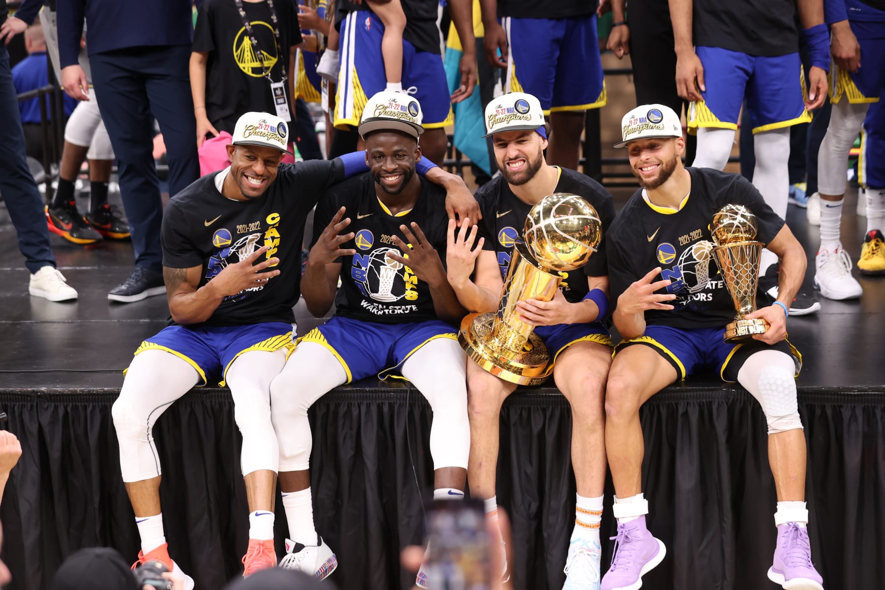 BOSTON, MA - JUNE 16: Andre Iguodala #9, Draymond Green #23, Klay Thompson #11, and Stephen Curry #30 of the Golden State Warriors pose for a photo with The Larry OBrien Trophy and The Bill Russell NBA Finals MVP Award after Game Six of the 2022 NBA Finals on June 16, 2022 at TD Garden in Boston, Massachusetts. NOTE TO USER: User expressly acknowledges and agrees that, by downloading and or using this photograph, user is consenting to the terms and conditions of Getty Images License Agreement. Mandatory Copyright Notice: Copyright 2022 NBAE (Photo by Joe Murphy/NBAE via Getty Images)