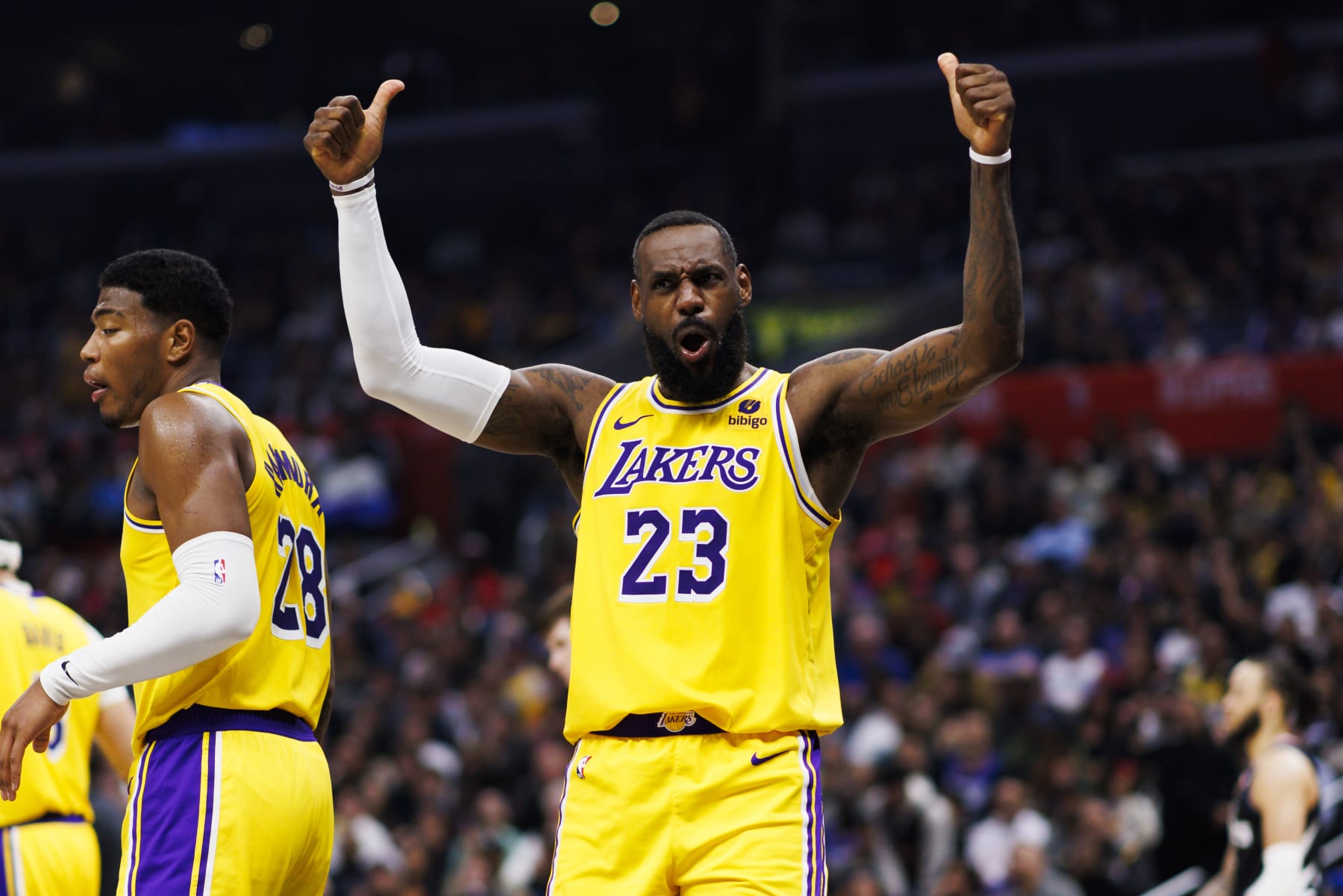 LOS ANGELES, CA - FEBRUARY 28: Los Angeles Lakers forward LeBron James (23) reacts during an NBA basketball game against the LA Clippers on February 28, 2024 at Crypto.com Arena in Los Angeles, CA. (Photo by Ric Tapia/Icon Sportswire via Getty Images)