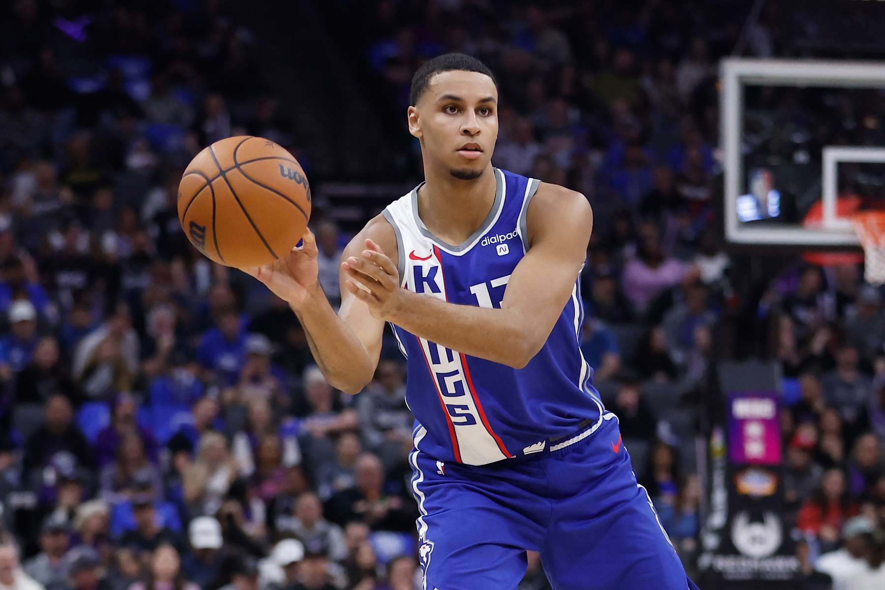 SACRAMENTO, CALIFORNIA - APRIL 14: Keegan Murray #13 of the Sacramento Kings passes the ball in the second quarter against the Portland Trail Blazers at Golden 1 Center on April 14, 2024 in Sacramento, California. NOTE TO USER: User expressly acknowledges and agrees that, by downloading and or using this photograph, User is consenting to the terms and conditions of the Getty Images License Agreement. (Photo by Lachlan Cunningham/Getty Images)