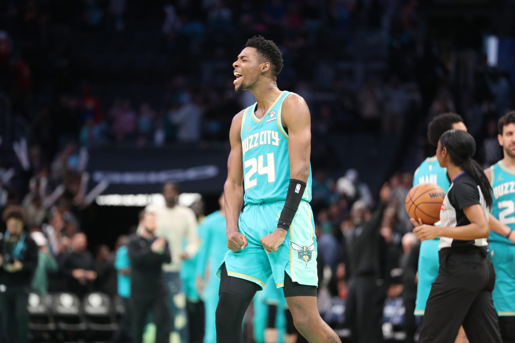 CHARLOTTE, NC - MARCH 27: Brandon Miller #24 of the Charlotte Hornets celebrates during the game against the Cleveland Cavaliers on March 27, 2024 at Spectrum Center in Charlotte, North Carolina. NOTE TO USER: User expressly acknowledges and agrees that, by downloading and or using this photograph, User is consenting to the terms and conditions of the Getty Images License Agreement.  Mandatory Copyright Notice:  Copyright 2024 NBAE (Photo by Brock Williams-Smith/NBAE via Getty Images)
