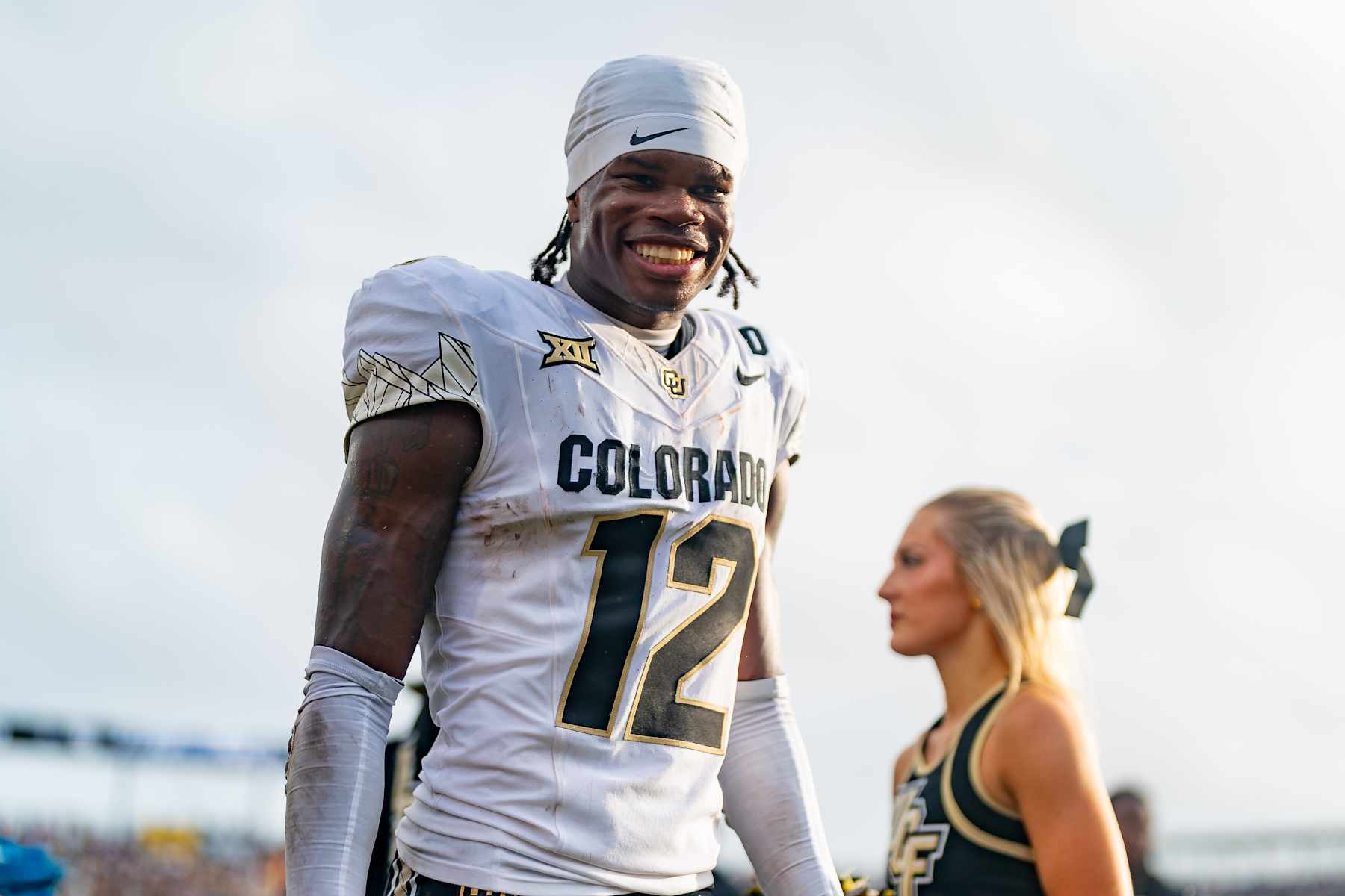 ORLANDO, FL - SEPTEMBER 28:Colorado Buffaloes wide receiver Travis Hunter (12) smiles during a college football game between the Colorado Buffaloes and the UCF Knights on September 28th, 2024 at FBC Mortgage Stadium in Orlando, FL. (Photo by Chris Leduc/Icon Sportswire via Getty Images)