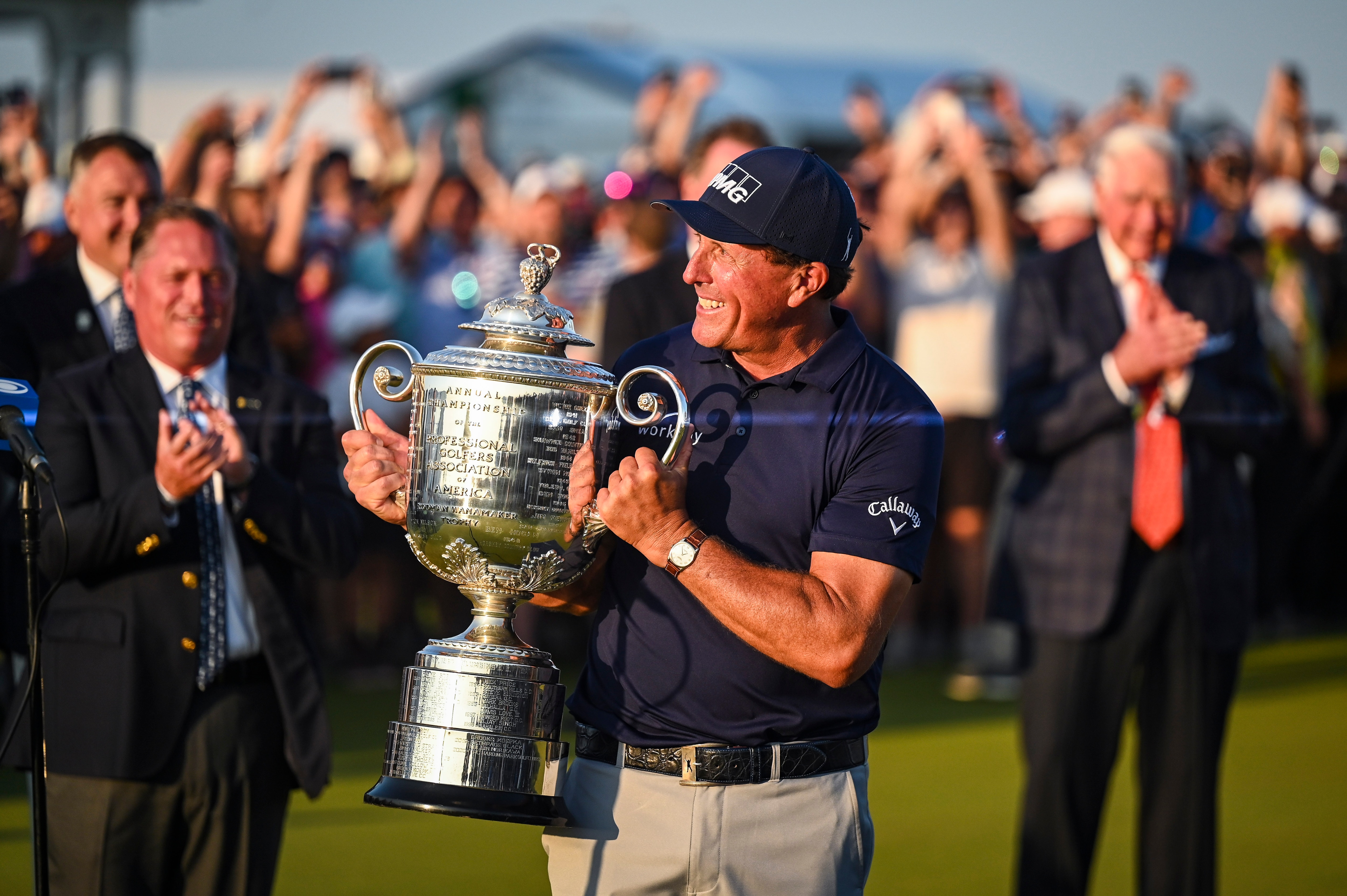KIAWAH ISLAND, SC - MAY 23:  Phil Mickelson smiles with  the Wanamaker Trophy after his two stroke victory in the final round of the PGA Championship on The Ocean Course at Kiawah Island Golf Resort on May 23, 2021, in Kiawah Island, South Carolina. (Photo by Keyur Khamar/PGA TOUR via Getty Images)