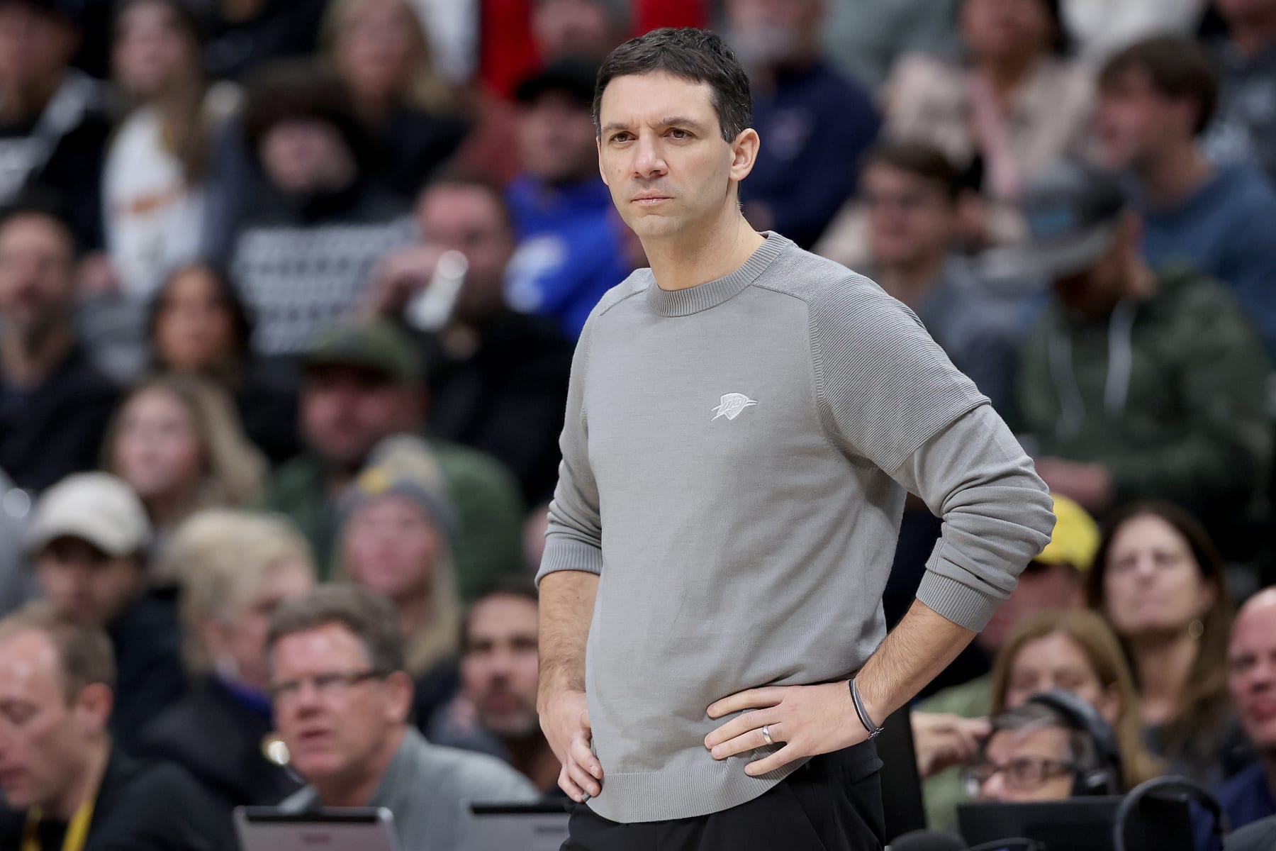 DENVER, COLORADO - DECEMBER 29: Head coach Mark Daigneault of the Oklahoma City Thunder watches as his team plays the Denver Nuggets in the first quarter at Ball Arena on December 29, 2023 in Denver, Colorado. NOTE TO USER: User expressly acknowledges and agrees that, by downloading and or using this photograph, User is consenting to the terms and conditions of the Getty Images License Agreement.  (Photo by Matthew Stockman/Getty Images)
