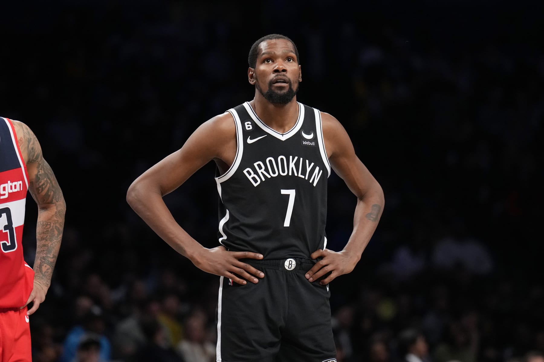 BROOKLYN, NY - NOVEMBER 30: Kevin Durant #7 of the Brooklyn Nets looks on during the game against the Washington Wizards on November 30, 2022 at Barclays Center in Brooklyn, New York. NOTE TO USER: User expressly acknowledges and agrees that, by downloading and or using this Photograph, user is consenting to the terms and conditions of the Getty Images License Agreement. Mandatory Copyright Notice: Copyright 2022 NBAE (Photo by Jesse D. Garrabrant/NBAE via Getty Images)