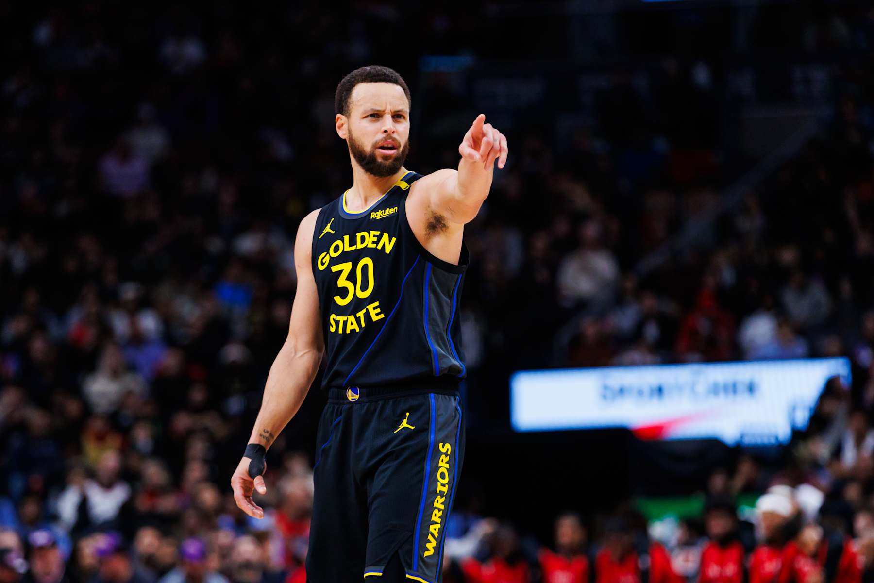 TORONTO, CANADA - JANUARY 13: Stephen Curry #30 of the Golden State Warriors reacts during the second half of their NBA game against the Toronto Raptors at Scotiabank Arena on January 13, 2025 in Toronto, Canada. NOTE TO USER: User expressly acknowledges and agrees that, by downloading and or using this photograph, User is consenting to the terms and conditions of the Getty Images License Agreement. (Photo by Cole Burston/Getty Images)