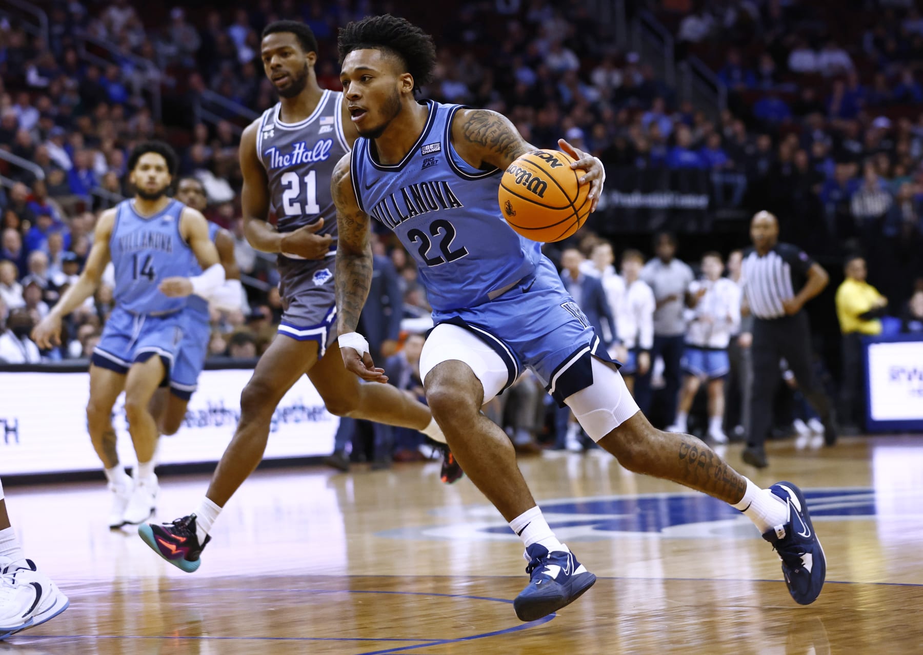 NEWARK, NJ - FEBRUARY 28: Cam Whitmore #22 of the Villanova Wildcats in action against Femi Odukale #21 of the Seton Hall Pirates during a game at Prudential Center on February 28, 2023 in Newark, New Jersey. Villanova defeated Seton Hall 76-72. (Photo by Rich Schultz/Getty Images)