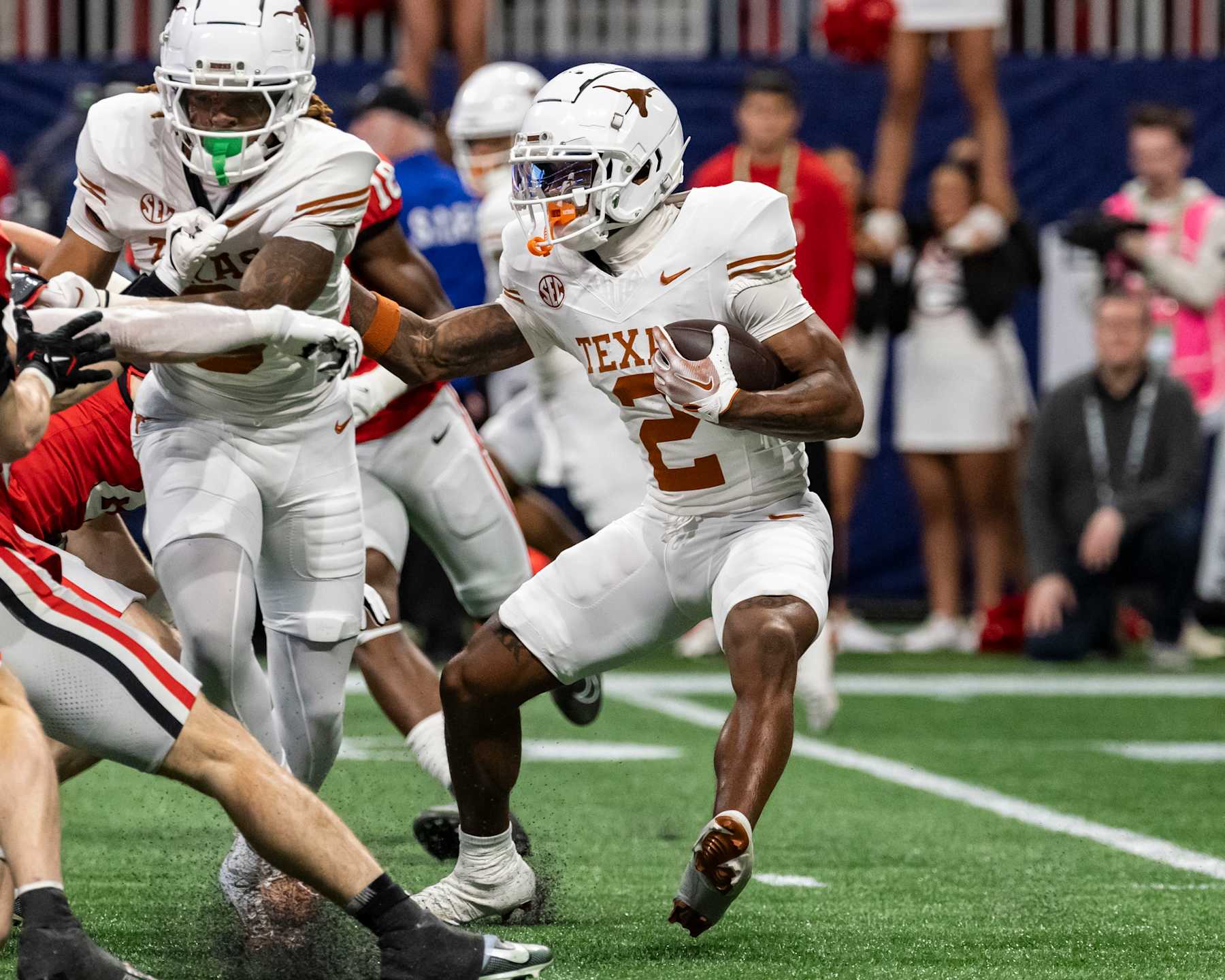 ATLANTA, GEORGIA - DECEMBER 7: Matthew Golden #2 of the Texas Longhorns runs back a kickoff during a game between the Georgia Bulldogs and the Texas Longhorns at Mercedes-Benz Stadium on December 7, 2024 in Atlanta, Georgia. (Photo by Steve Limentani/ISI Photos/Getty Images)