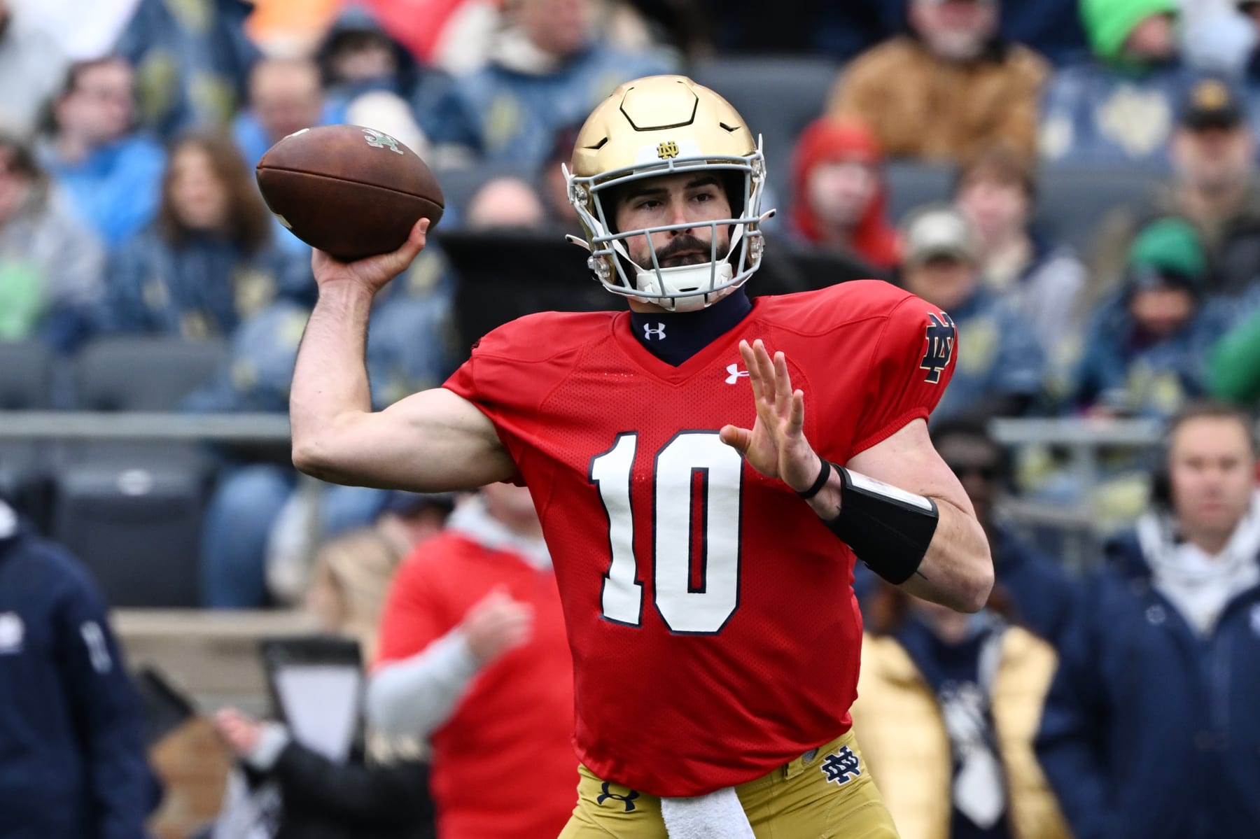 SOUTH BEND, INDIANA - APRIL 22: Sam Hartman #10 of the Notre Dame Fighting Irish during the Notre Dame Blue-Gold Spring Football Game at Notre Dame Stadium on April 22, 2023 in South Bend, Indiana. (Photo by Quinn Harris/Getty Images)