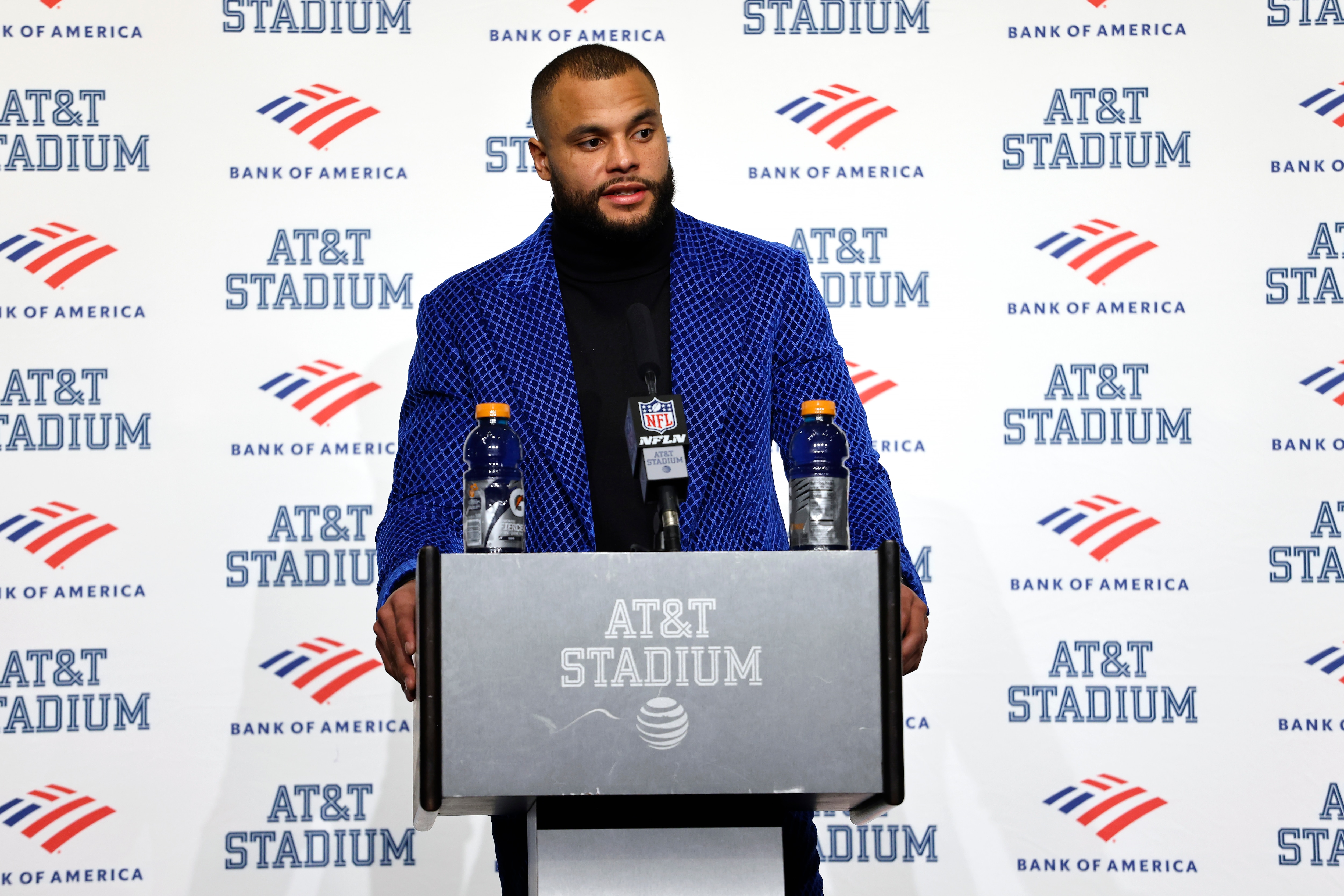 Dallas Cowboys quarterback Dak Prescott speaks during a press conference following an NFL wild-card playoff football game against the San Francisco 49ers in Arlington, Texas, Sunday, Jan. 16, 2022. The 49ers won 23-17. (AP Photo/Ron Jenkins)