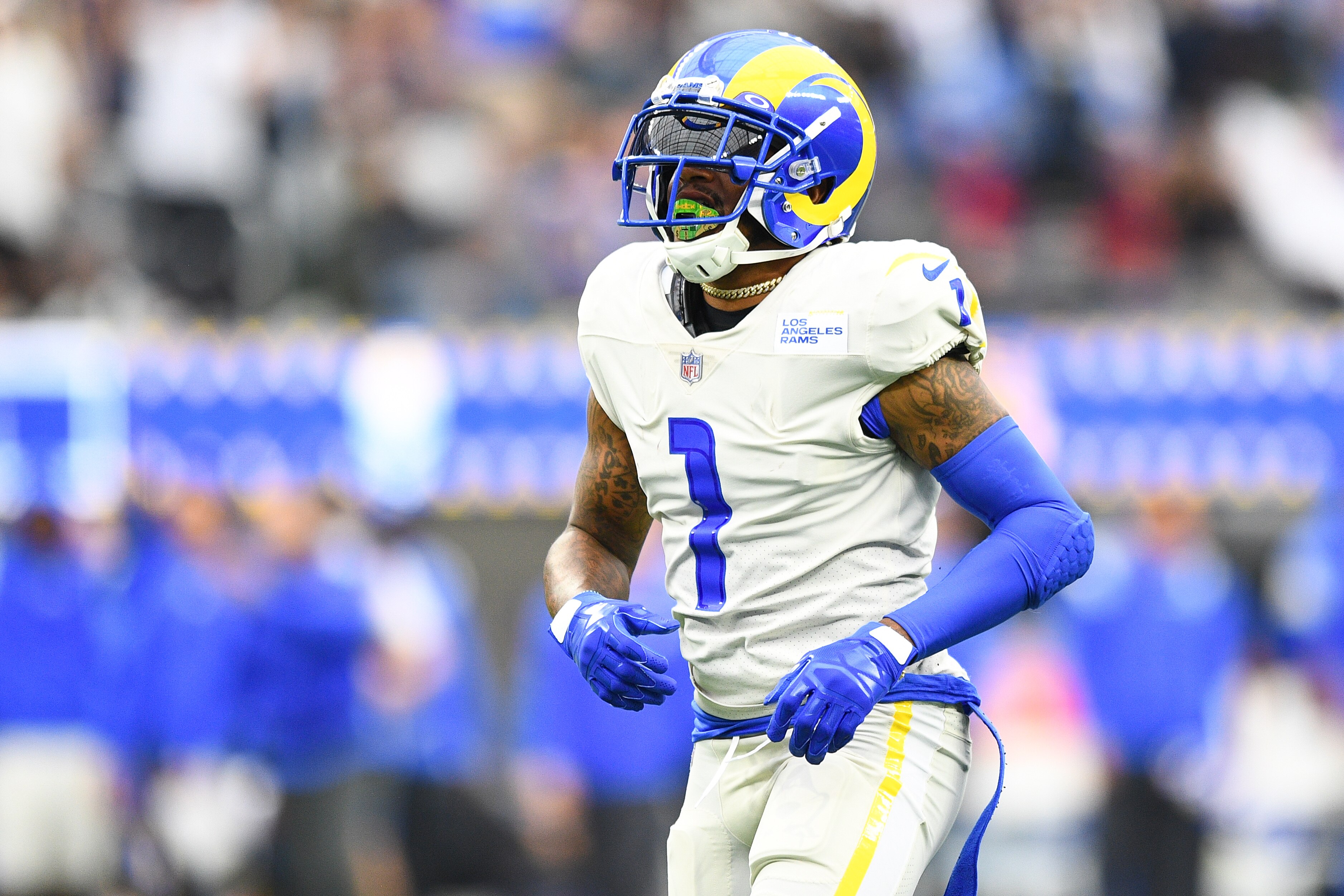 INGLEWOOD, CA - SEPTEMBER 26: Los Angeles Rams wide receiver DeSean Jackson (1) looks on during the NFL game between the Tampa Bay Buccaneers and the Los Angeles Rams on September 26, 2021, at SoFi Stadium in Inglewood, CA. (Photo by Brian Rothmuller/Icon Sportswire via Getty Images)