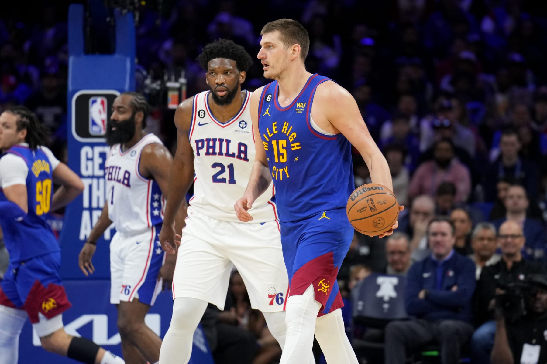 PHILADELPHIA, PA - JANUARY 28: Nikola Jokic #15 of the Denver Nuggets dribbles the ball during the game against the Philadelphia 76ers on January 28, 2023 at the Wells Fargo Center in Philadelphia, Pennsylvania NOTE TO USER: User expressly acknowledges and agrees that, by downloading and/or using this Photograph, user is consenting to the terms and conditions of the Getty Images License Agreement. Mandatory Copyright Notice: Copyright 2023 NBAE (Photo by Jesse D. Garrabrant/NBAE via Getty Images)