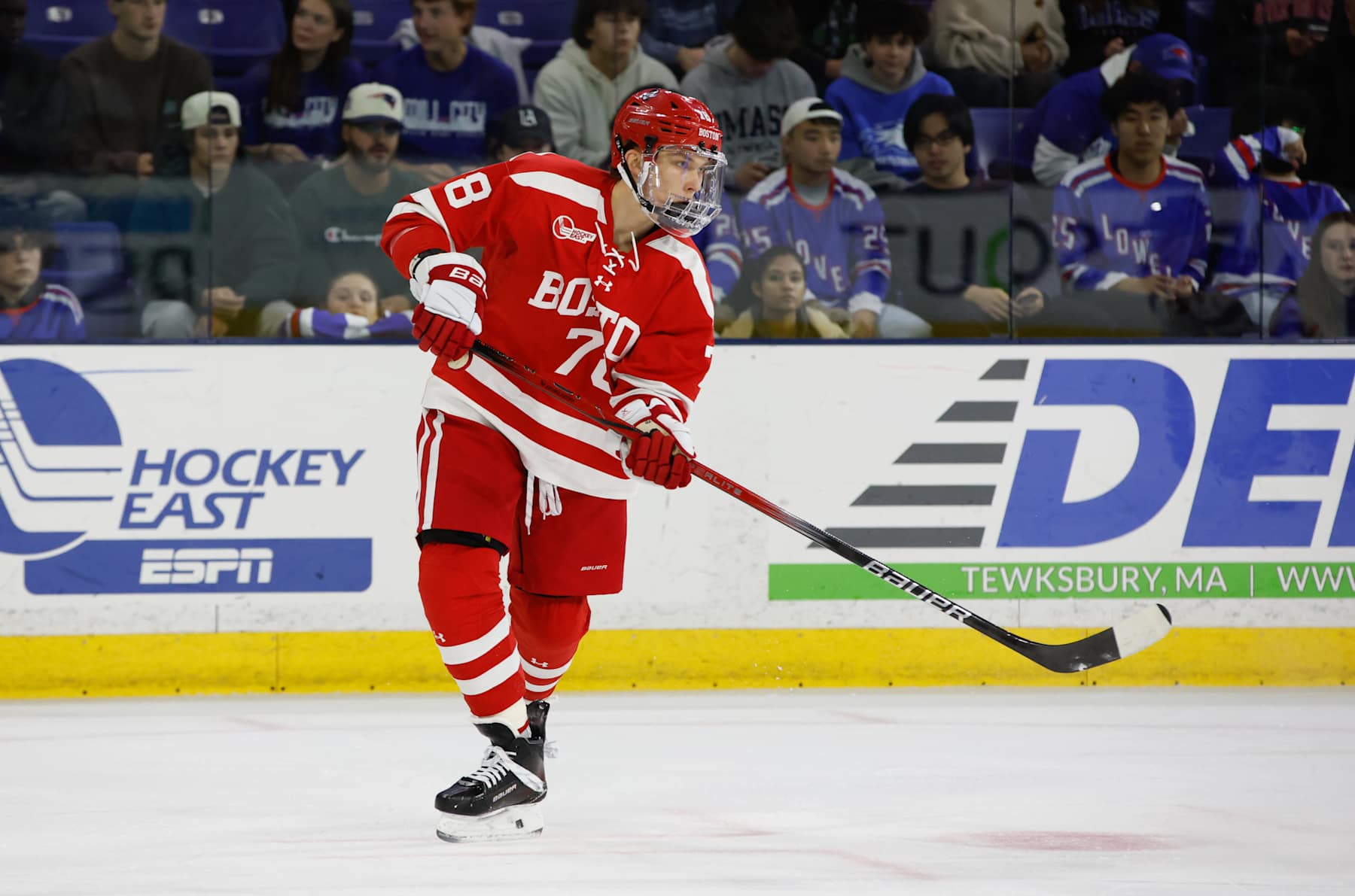 LOWELL, MASSACHUSETTS - NOVEMBER 9: Sascha Boumedienne #78 of the Boston University Terriers skates against the UMass Lowell River Hawks during the first period during NCAA men's hockey at the Tsongas Center on November 9, 2024 in Lowell, Massachusetts. The Terriers won 5-2. (Photo by Richard T Gagnon/Getty Images)