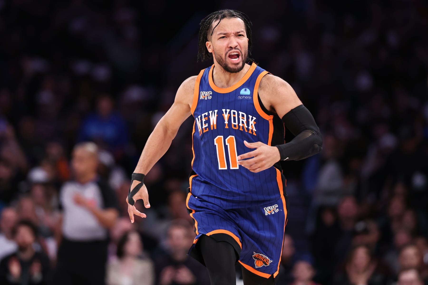 NEW YORK, NEW YORK - MARCH 31: Jalen Brunson #11 of the New York Knicks reacts during the fourth quarter of the game against the Oklahoma City Thunder at Madison Square Garden on March 31, 2024 in New York City. NOTE TO USER: User expressly acknowledges and agrees that, by downloading and or using this photograph, User is consenting to the terms and conditions of the Getty Images License Agreement. (Photo by Dustin Satloff/Getty Images)