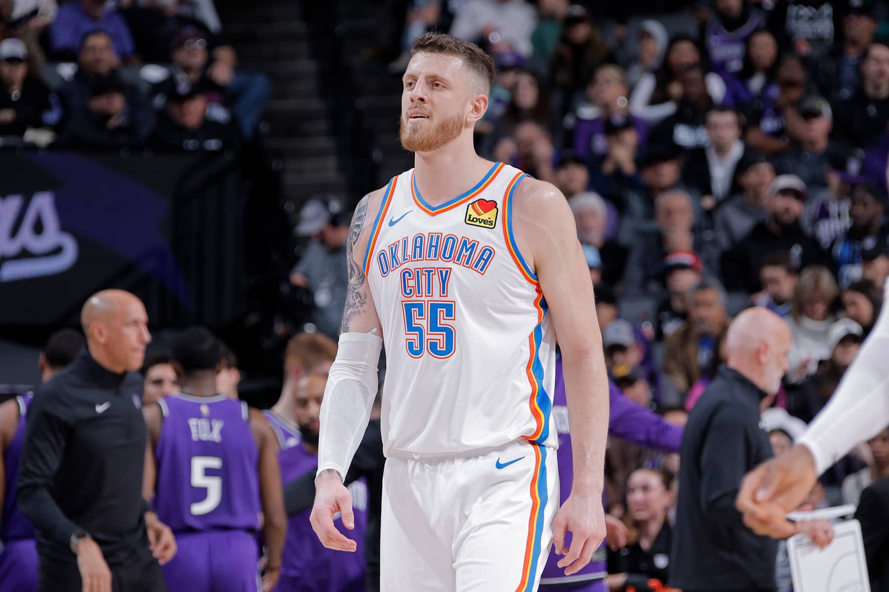 SACRAMENTO, CA - NOVEMBER 25: Isaiah Hartenstein #55 of the Oklahoma City Thunder looks on during the game against the Sacramento Kings on November 25, 2024 at Golden 1 Center in Sacramento, California. NOTE TO USER: User expressly acknowledges and agrees that, by downloading and or using this Photograph, user is consenting to the terms and conditions of the Getty Images License Agreement. Mandatory Copyright Notice: Copyright 2024 NBAE (Photo by Rocky Widner/NBAE via Getty Images)