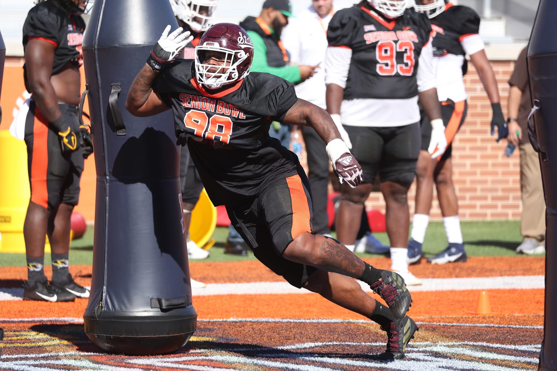 MOBILE, AL - JANUARY 31: American defensive lineman Jaden Crumedy of Mississippi State (98) during the American Team practice for the Reese's Senior Bowl on January 31, 2024 at Hancock Whitney Stadium in Mobile, Alabama.  (Photo by Michael Wade/Icon Sportswire via Getty Images)