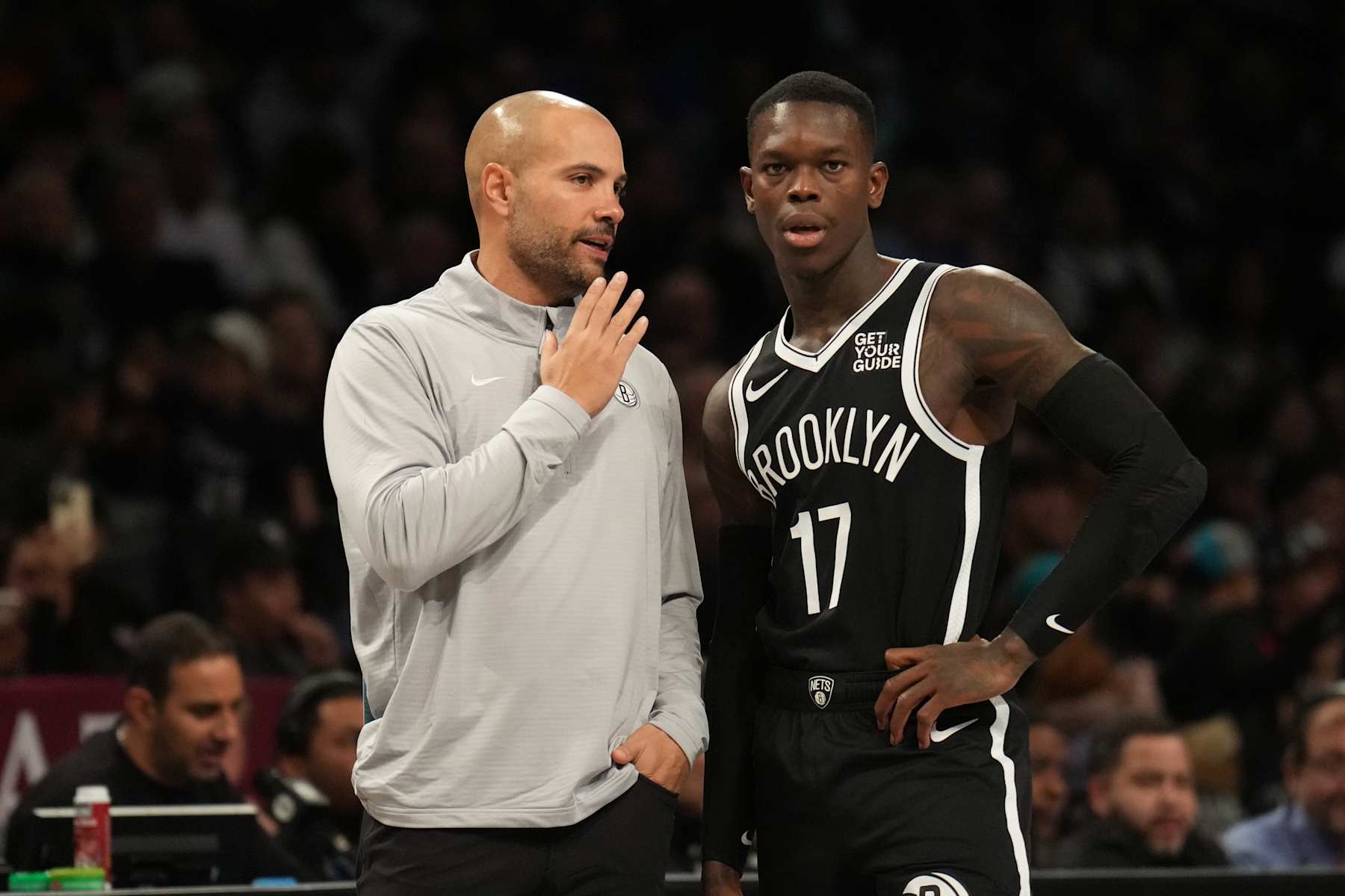 BROOKLYN, NY - NOVEMBER 3: Dennis Schroder #17 and Head Coach Jordi Fernandez of the Brooklyn Nets speak to each other during the game against the Detroit Pistons on November 3, 2024 at Barclays Center in Brooklyn, New York. NOTE TO USER: User expressly acknowledges and agrees that, by downloading and or using this Photograph, user is consenting to the terms and conditions of the Getty Images License Agreement. Mandatory Copyright Notice: Copyright 2024 NBAE (Photo by Jesse D. Garrabrant/NBAE via Getty Images)
