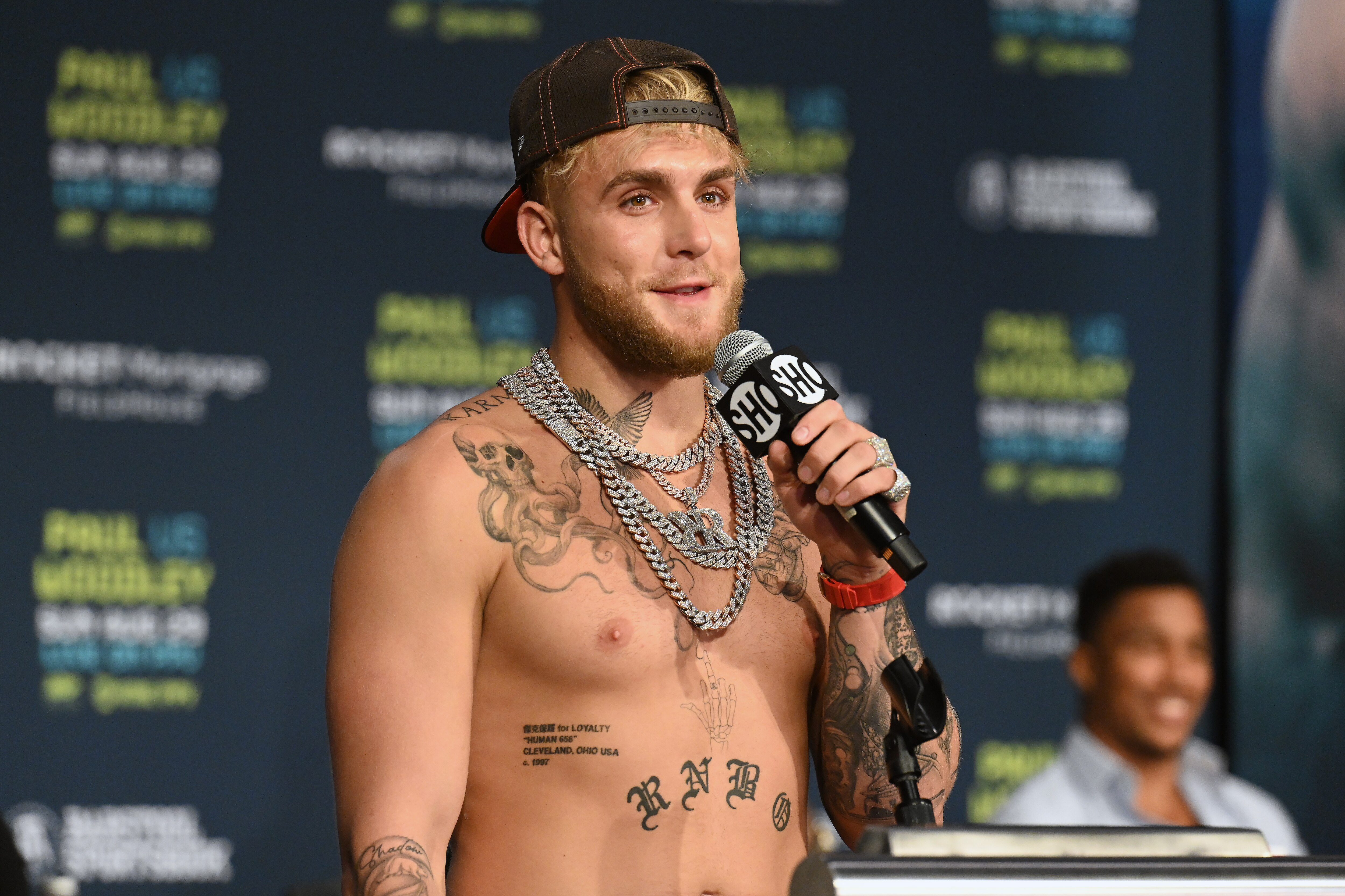 CLEVELAND, OHIO - AUGUST 26: Jake Paul answers questions during a press conference prior to his August 29 fight with Tyron Woodley on August 26, 2021 in Cleveland, Ohio. (Photo by Jason Miller/Getty Images)