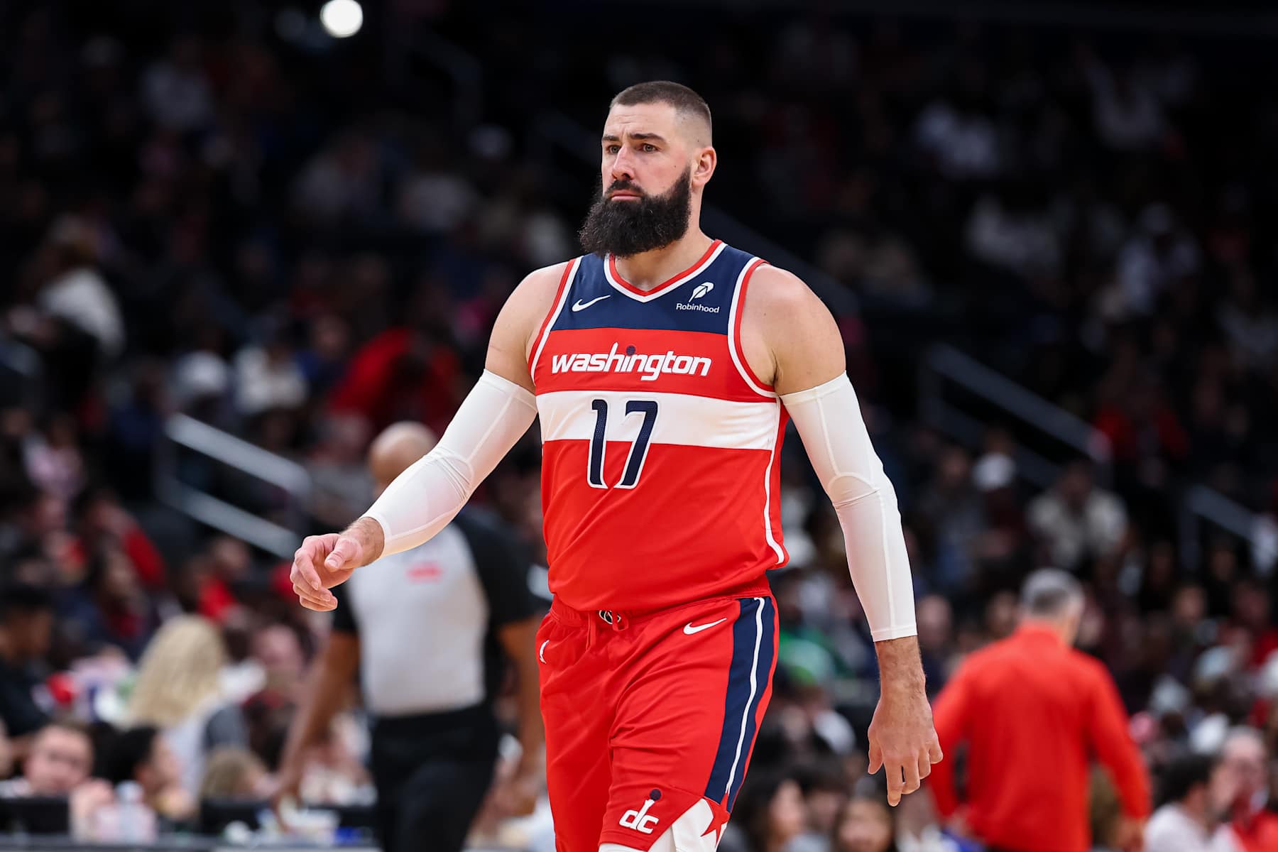 WASHINGTON, DC - JANUARY 01: Jonas Valanciunas #17 of the Washington Wizards looks on against the Chicago Bulls during the first half at Capital One Arena on January 1, 2025 in Washington, DC. NOTE TO USER: User expressly acknowledges and agrees that, by downloading and or using this photograph, User is consenting to the terms and conditions of the Getty Images License Agreement. (Photo by Scott Taetsch/Getty Images)