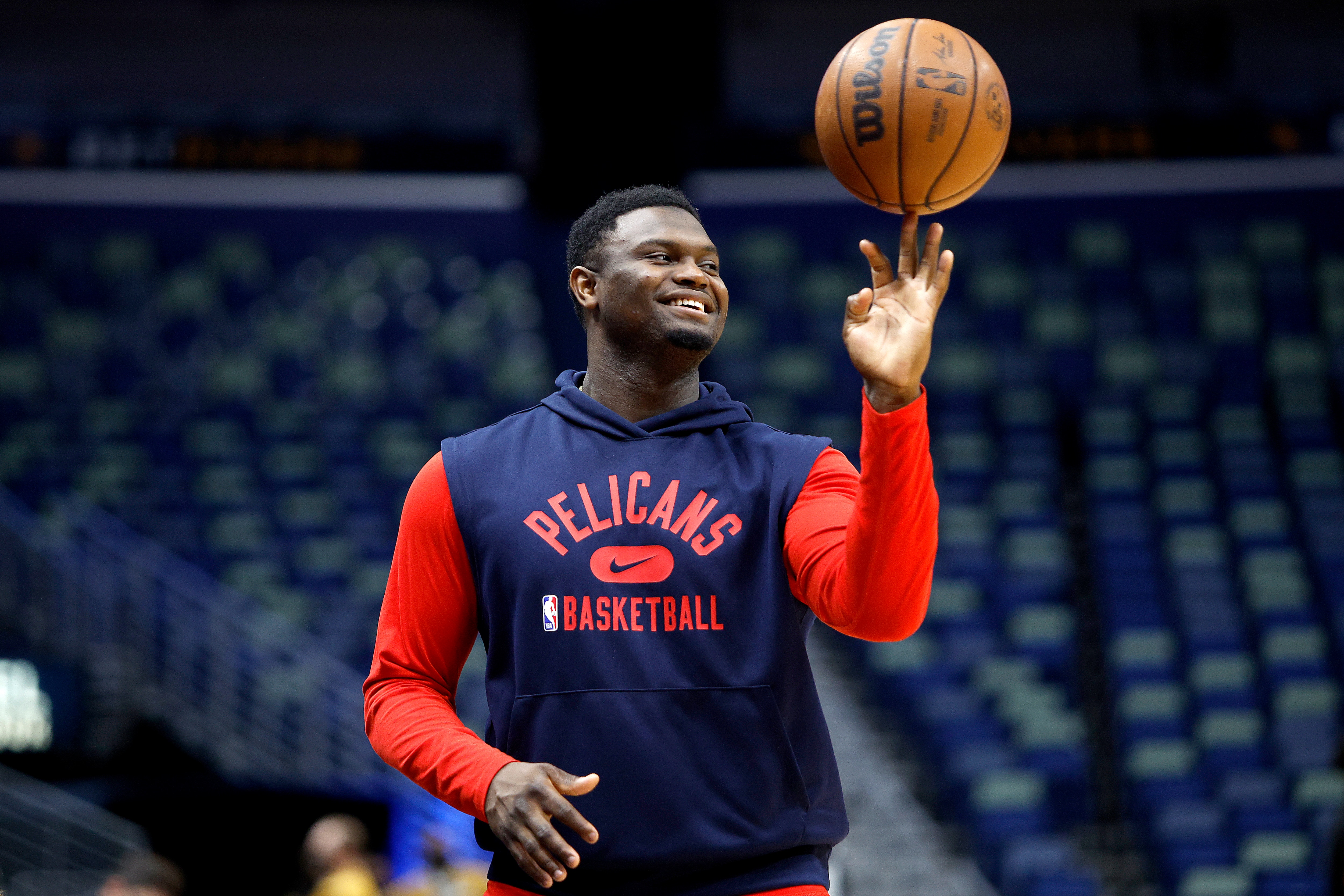 NEW ORLEANS, LOUISIANA - MARCH 27: Zion Williamson #1 of the New Orleans Pelicans stands on the court prior to the start of an NBA game against the Los Angeles Lakers at Smoothie King Center on March 27, 2022 in New Orleans, Louisiana. NOTE TO USER: User expressly acknowledges and agrees that, by downloading and or using this photograph, User is consenting to the terms and conditions of the Getty Images License Agreement. (Photo by Sean Gardner/Getty Images)