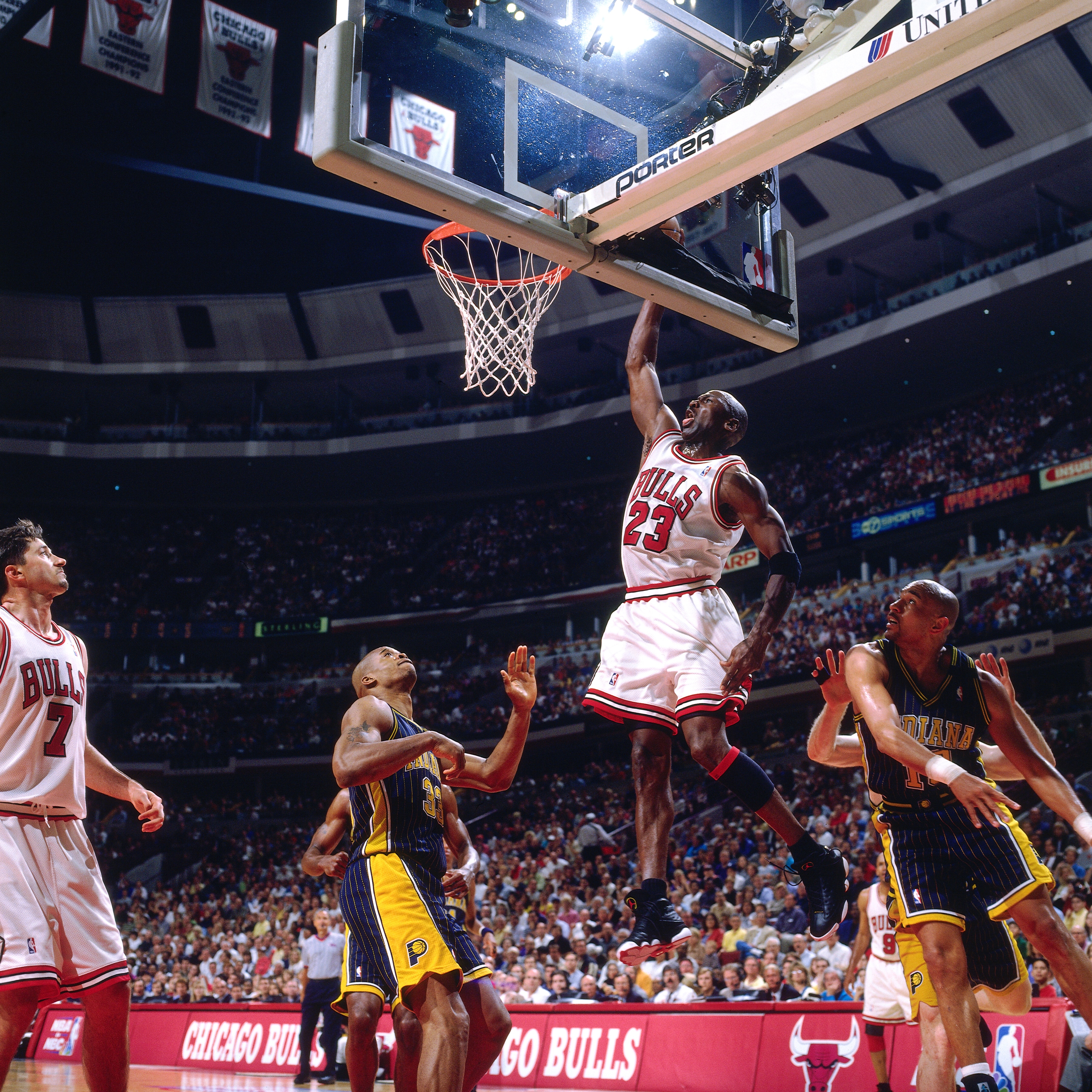 CHICAGO - MAY 17:  Michael Jordan #23 of the Chicago Bulls dunks during a game played on May 17, 1998 at the United Center in Chicago, Illinois.  NOTE TO USER: User expressly acknowledges and agrees that, by downloading and or using this photograph, User is consenting to the terms and conditions of the Getty Images License Agreement. Mandatory Copyright Notice: Copyright 1998 NBAE  (Photo by Nathaniel S. Butler/NBAE via Getty Images)