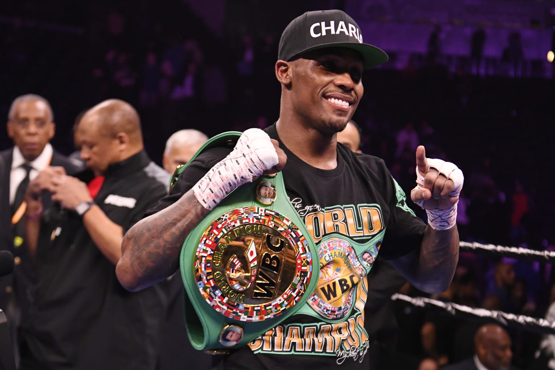 NEW YORK, NEW YORK - DECEMBER 22: Jermall Charlo poses with the championship belt after defeating Matt Korobov in their WBC Interim MIddlweight Championship bout at Barclays Center on December 22, 2018 in the Brooklyn borough of New York City. (Photo by Sarah Stier/Getty Images)