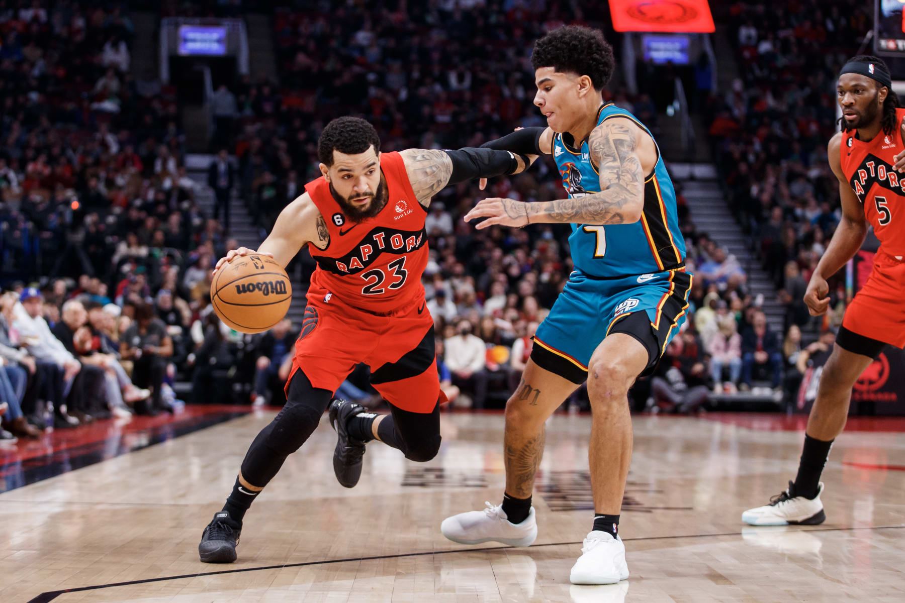 TORONTO, ON - FEBRUARY 12: Fred VanVleet #23 of the Toronto Raptors drives to the net against Killian Hayes #7 of the Detroit Pistons during the first half of their NBA game at Scotiabank Arena on February 12, 2023 in Toronto, Canada. NOTE TO USER: User expressly acknowledges and agrees that, by downloading and or using this photograph, User is consenting to the terms and conditions of the Getty Images License Agreement. (Photo by Cole Burston/Getty Images)