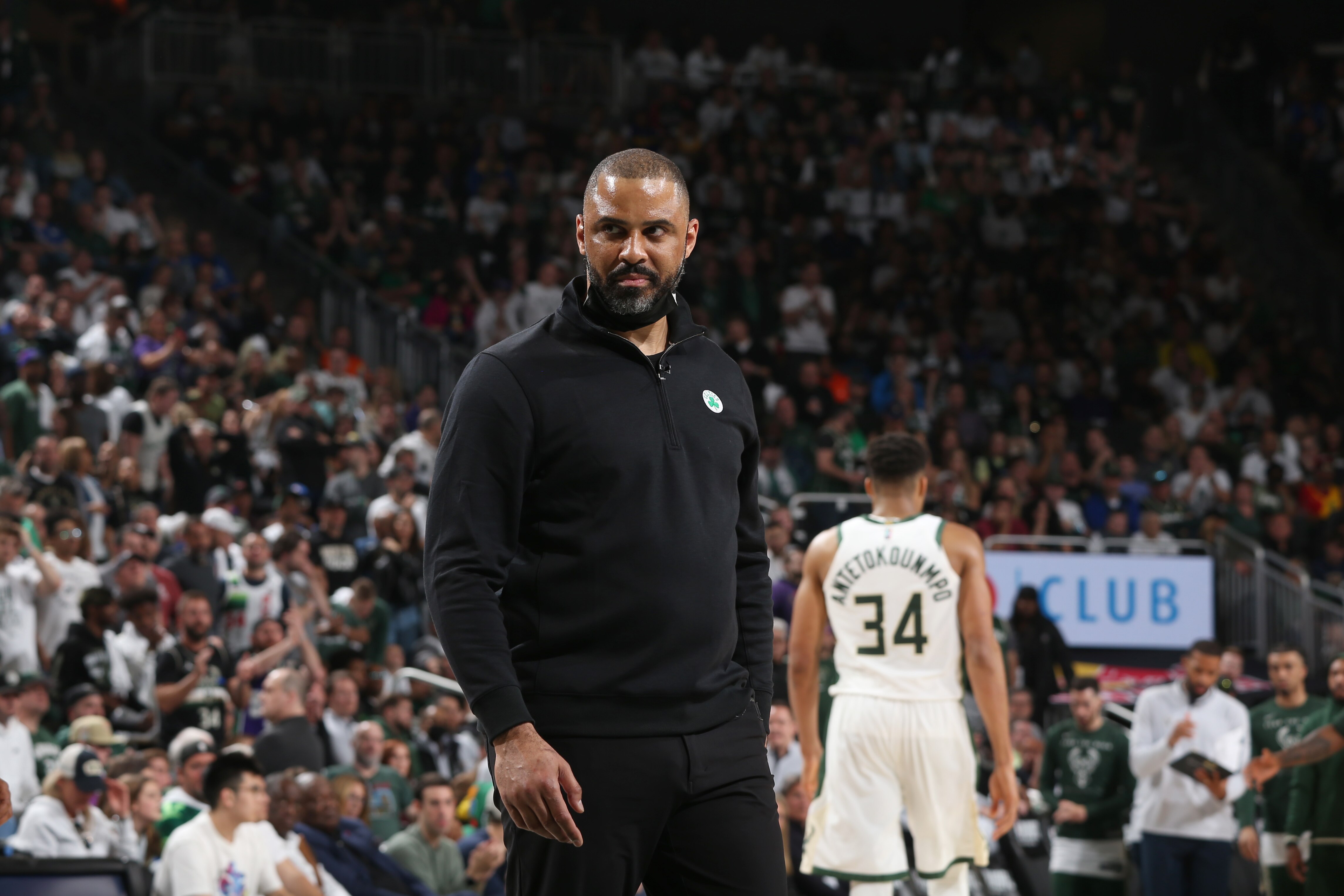 MILWAUKEE, WI - MAY 9: Head Coach Ime Udoka of the Boston Celtics looks on against the Milwaukee Bucks during Game 4 of the Eastern Conference Semifinals on May 9, 2022 at the Fiserv Forum Center in Milwaukee, Wisconsin. NOTE TO USER: User expressly acknowledges and agrees that, by downloading and or using this Photograph, user is consenting to the terms and conditions of the Getty Images License Agreement. Mandatory Copyright Notice: Copyright 2022 NBAE (Photo by Gary Dineen/NBAE via Getty Images).
