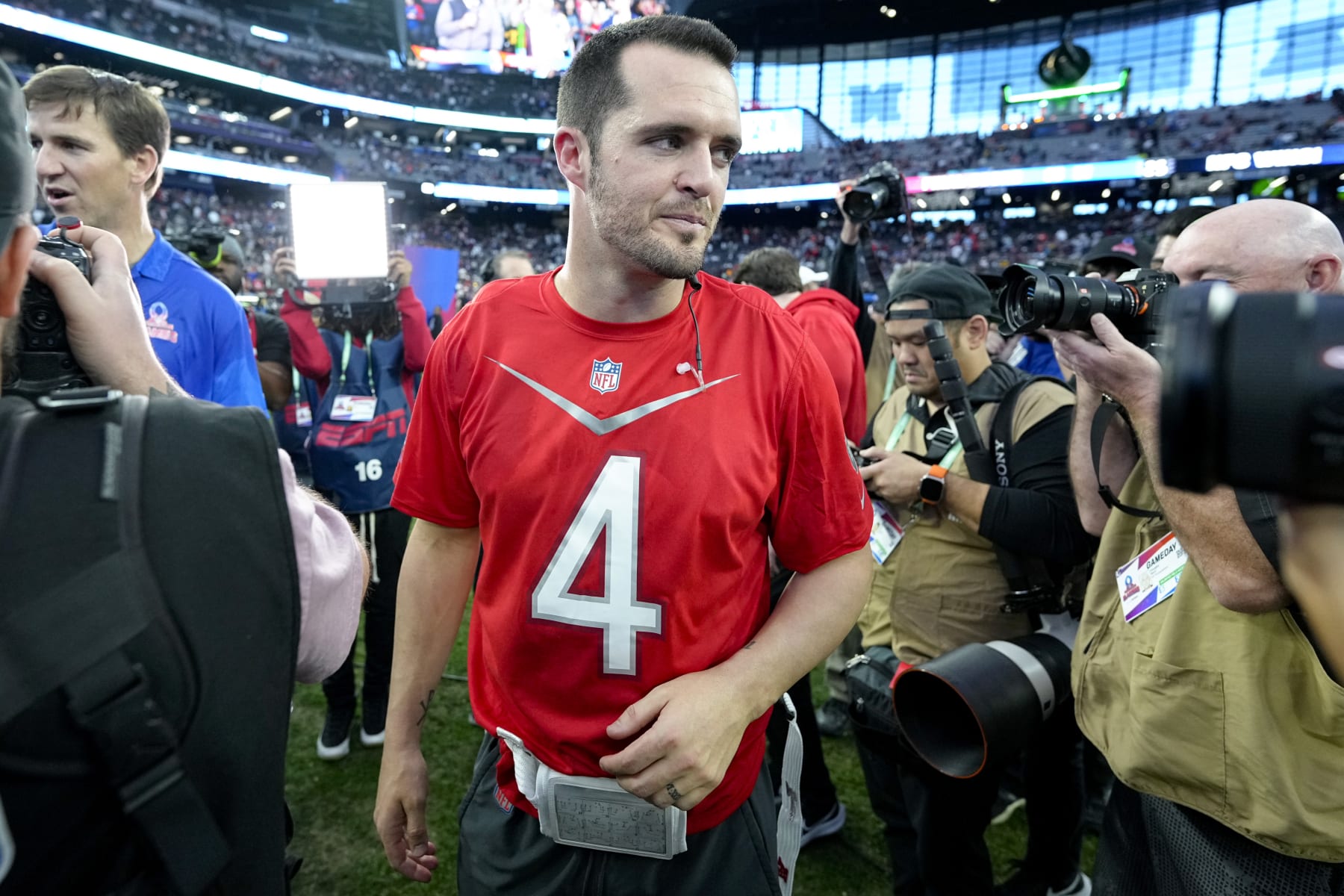 LAS VEGAS, NEVADA - FEBRUARY 05: Derek Carr of the Las Vegas Raiders and AFC walks off the field after losing to the NFC 35-33 during the 2023 NFL Pro Bowl Games at Allegiant Stadium on February 05, 2023 in Las Vegas, Nevada. (Photo by Jeff Bottari/Getty Images)